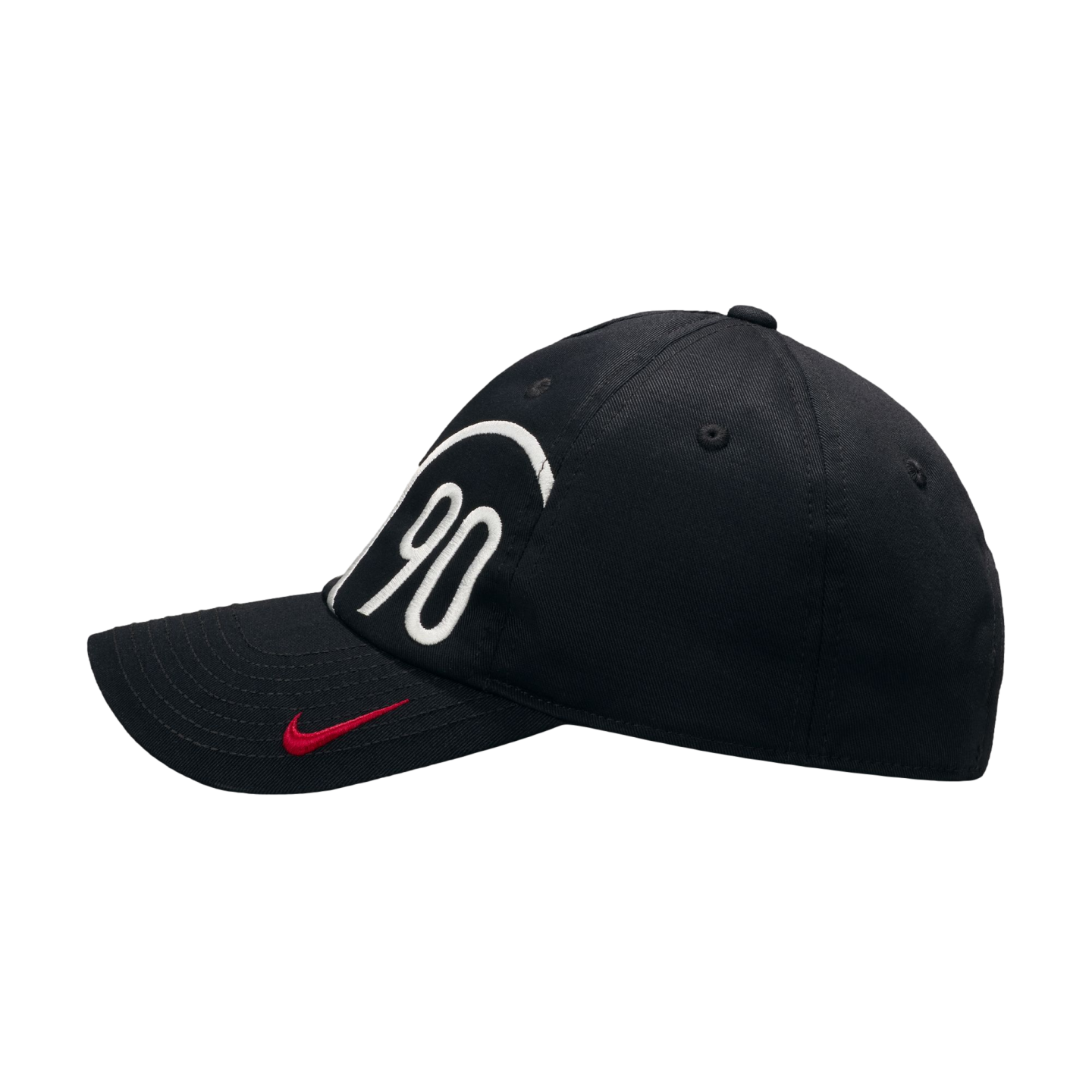A black Nike baseball cap featuring a white "90" graphic on the front and a small red swoosh embroidered on the brim.