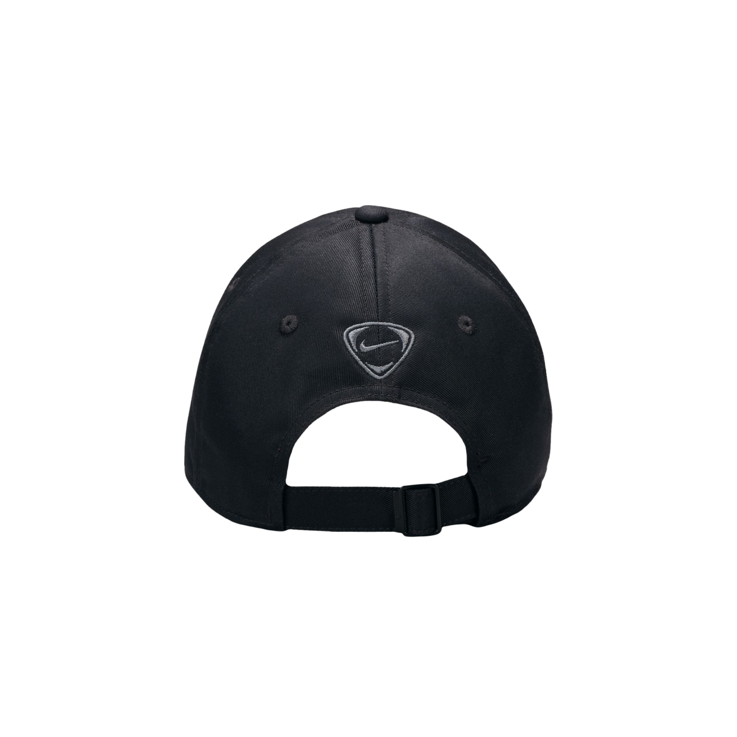 Back view of a black baseball cap featuring a small grey Nike shield logo above an adjustable fabric strap.