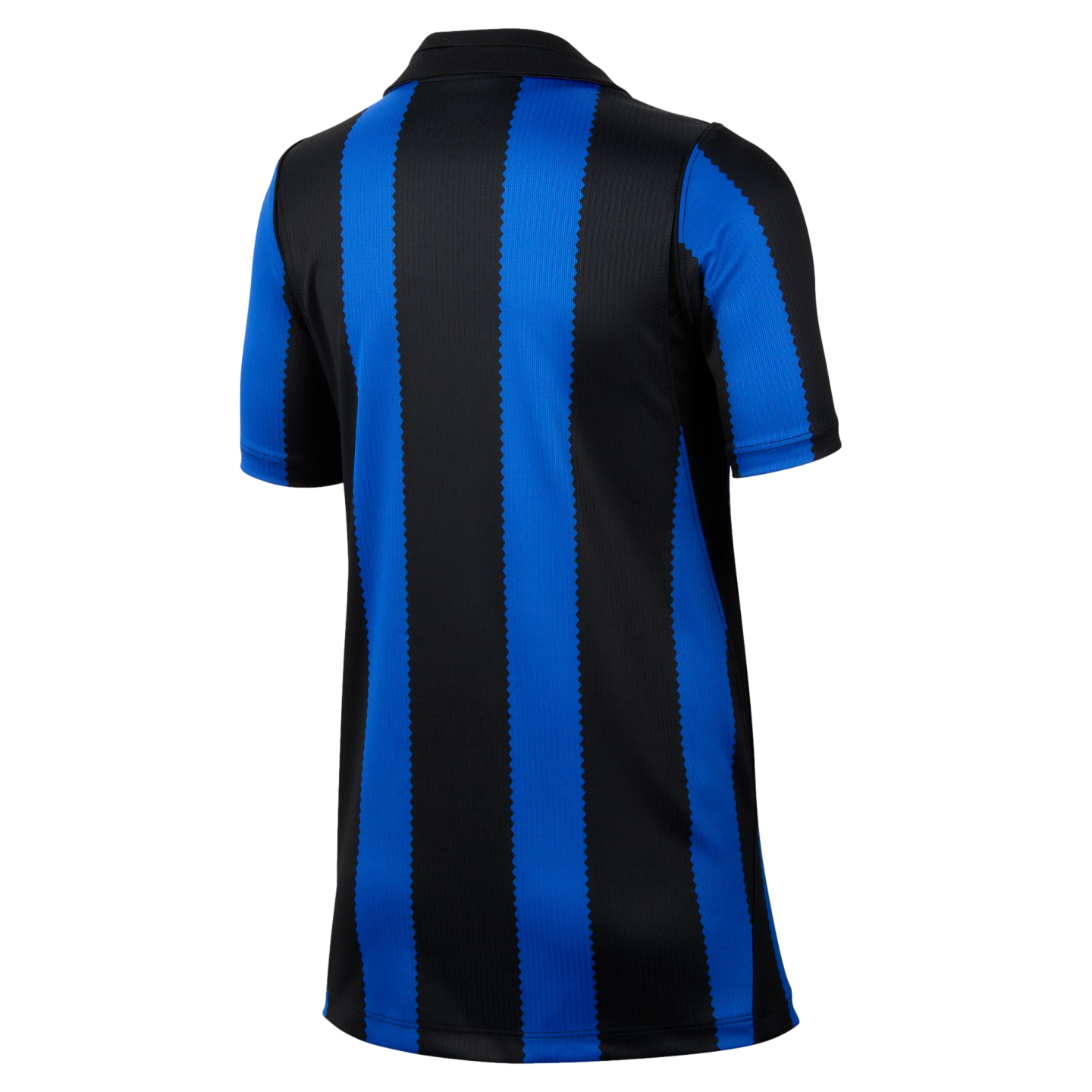 Back view of a short-sleeved polo shirt featuring vertical blue and black stripes with jagged edges on a white background.