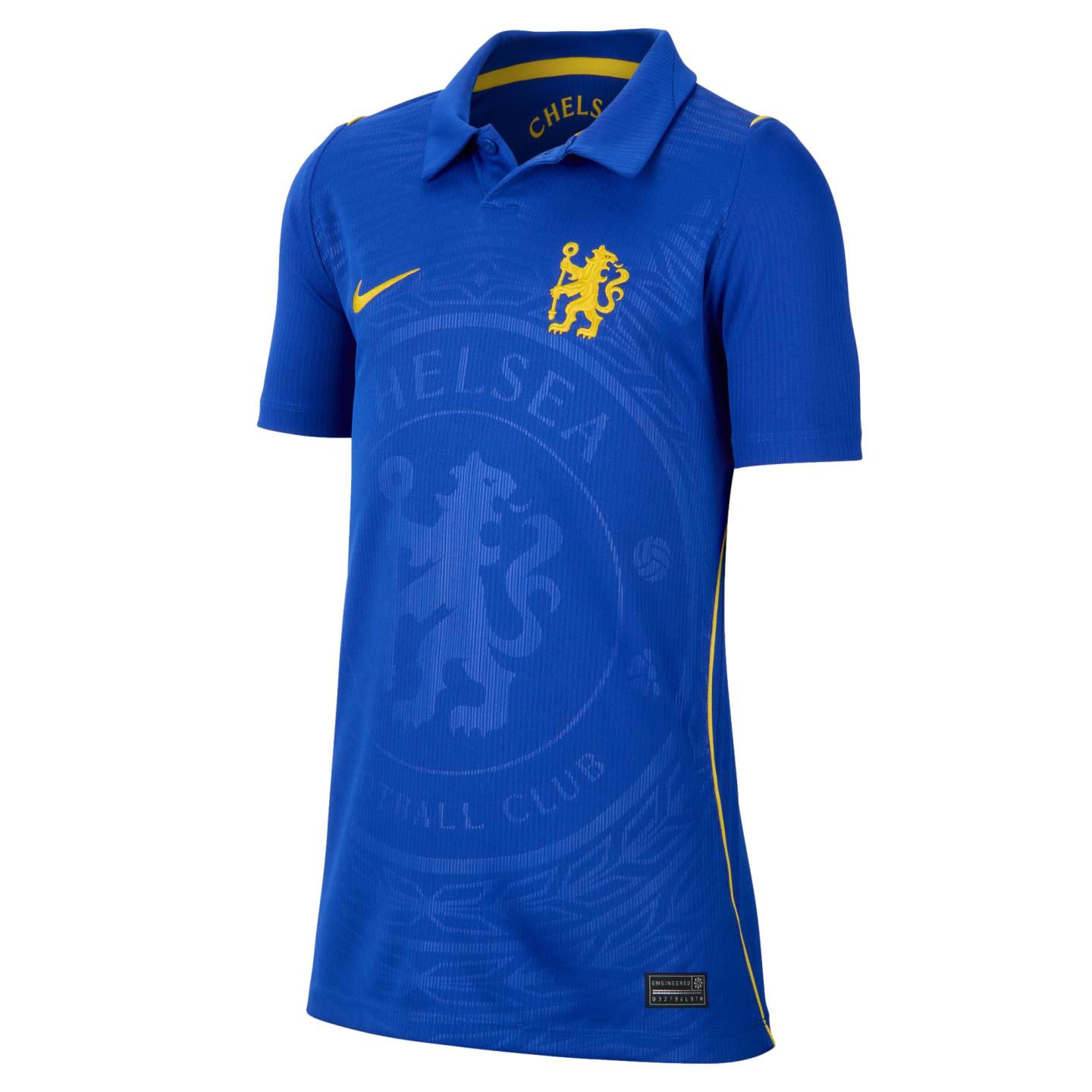 A blue short-sleeved Chelsea FC soccer jersey by Nike with a yellow lion crest, Nike swoosh, and a large embossed team logo on the front.