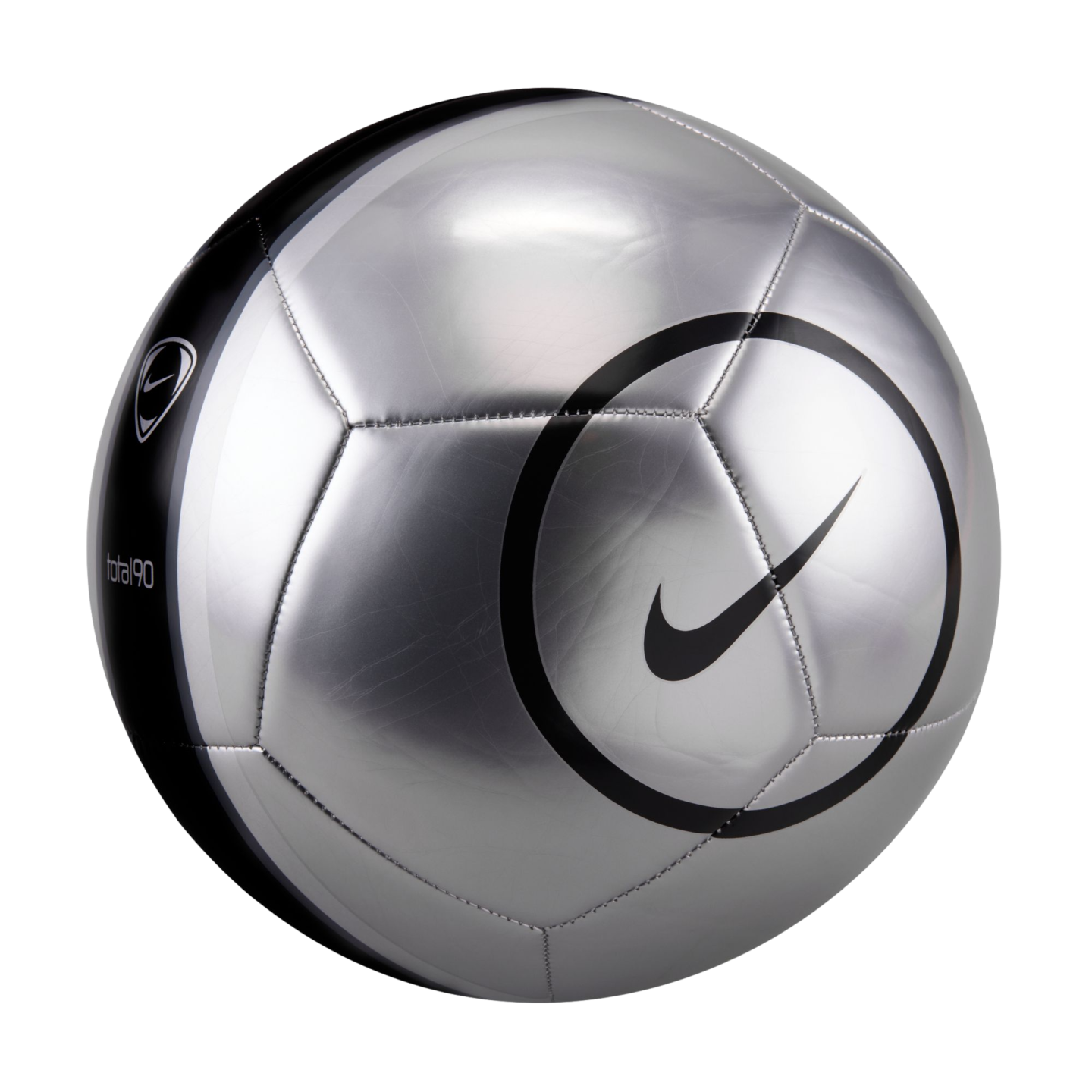 Metallic silver Nike Total 90 soccer ball with black accents and a large swoosh logo inside a circle, set against a solid black background.