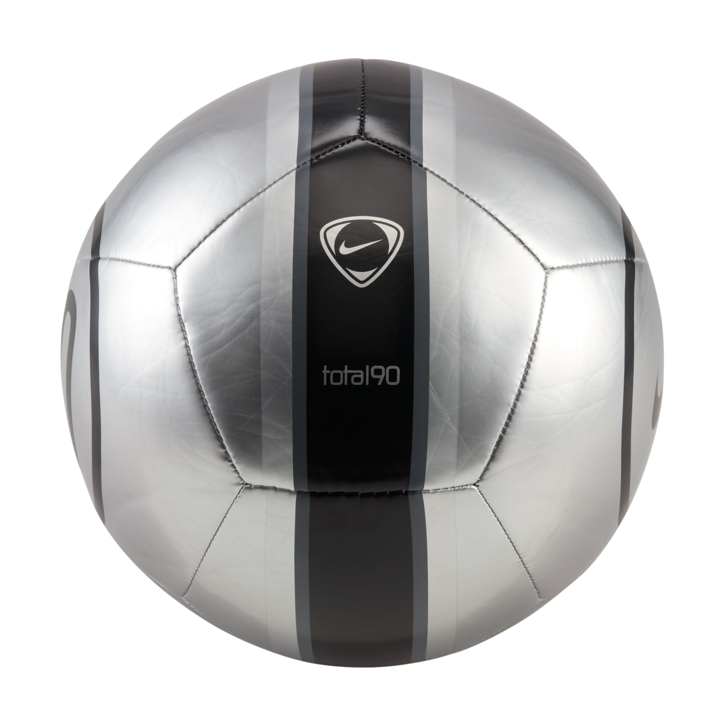 A silver Nike Total 90 soccer ball with vertical black and grey stripes, centered on a black background.