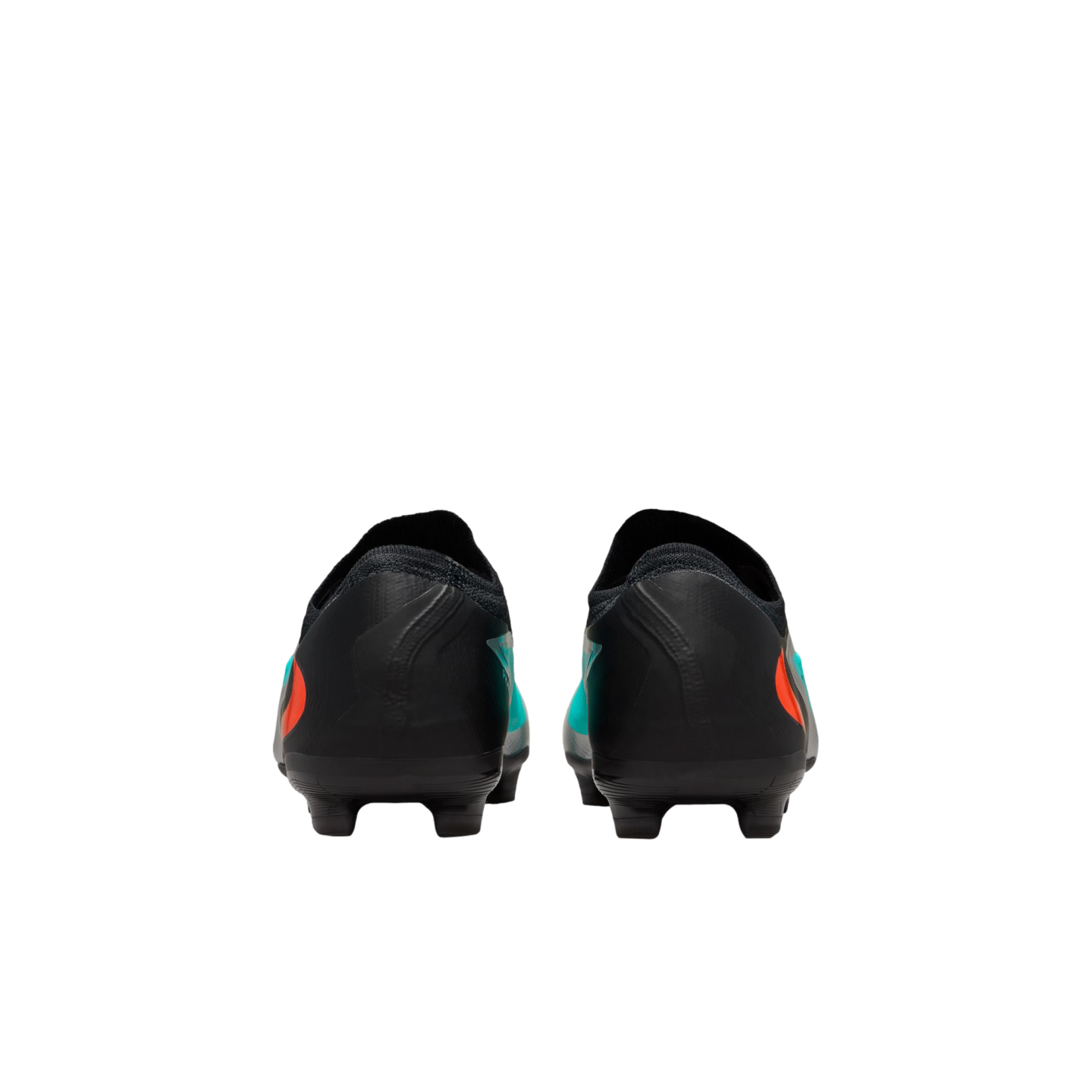 Rear view of black soccer cleats with orange and teal side accents against a solid black background.