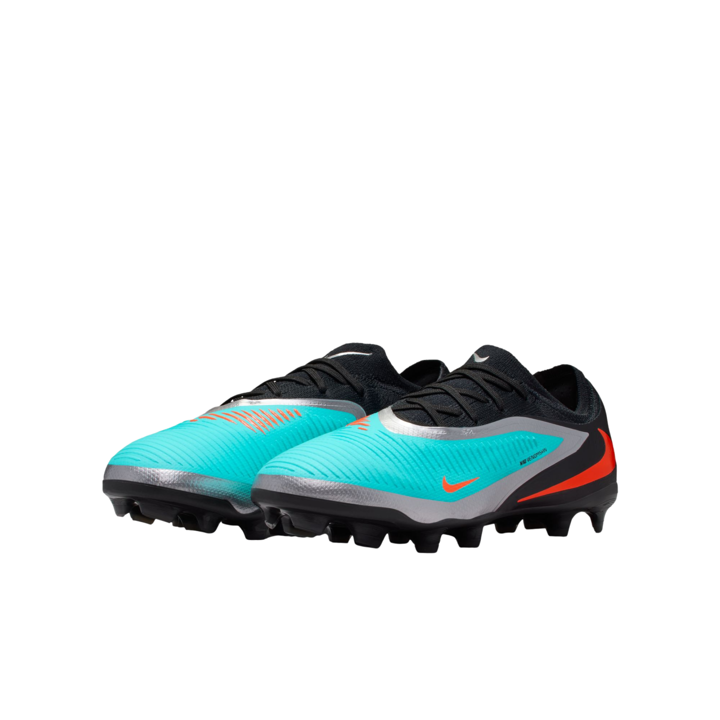 Teal and black Nike Phantom Venom soccer cleats with silver and orange accents, set against a black background.