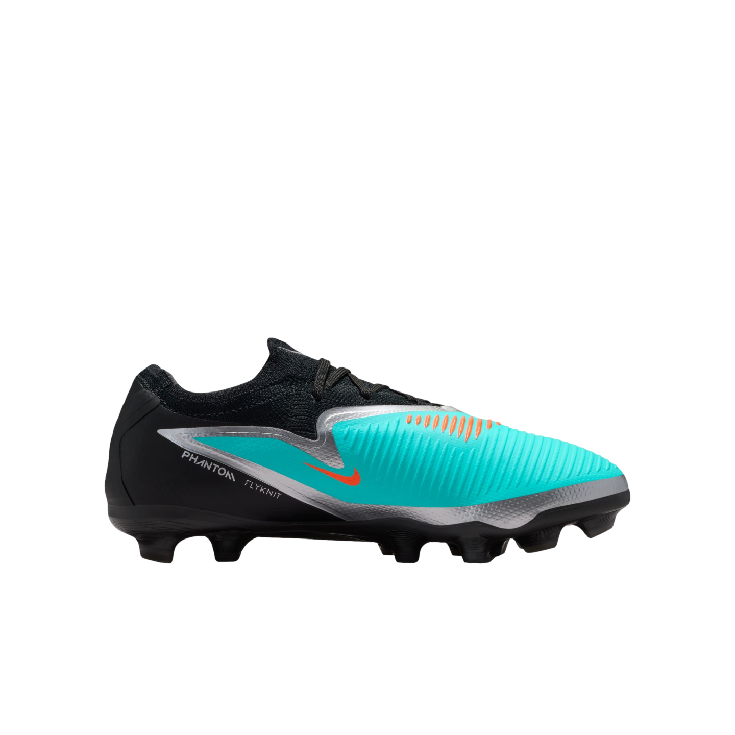 Side profile of a Nike Phantom Flyknit soccer cleat in black, teal, and silver with orange accents, displayed against a solid black background.