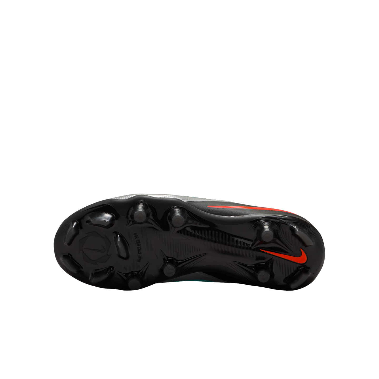 The bottom view of a black Nike soccer cleat showing the soleplate with a red swoosh and "NIKE CYCLONE 360" branding.