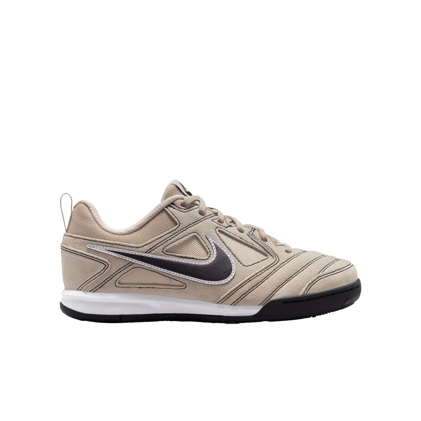 Side profile of a tan and beige Nike athletic shoe with a dark grey Swoosh logo, white midsole, and black outsole.