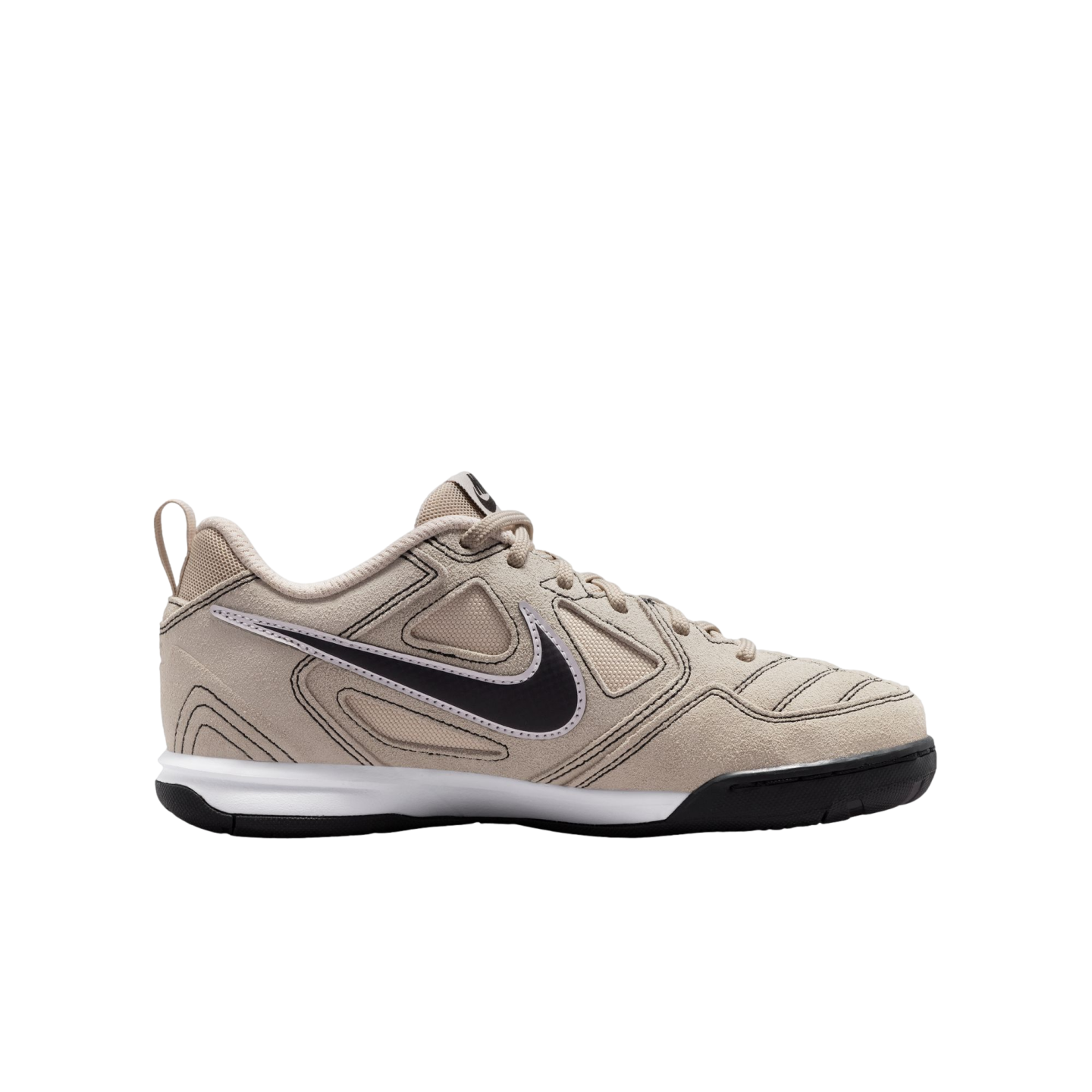 Side view of a tan Nike athletic sneaker featuring a black swoosh, white midsole, and black outsole against a solid black background.