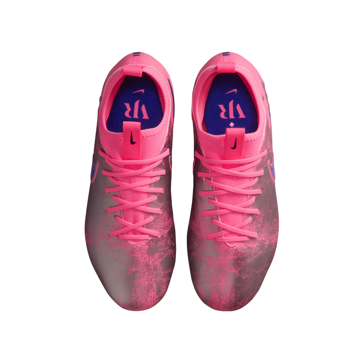 Top-down view of pink and metallic grey textured Nike football boots on a black background.