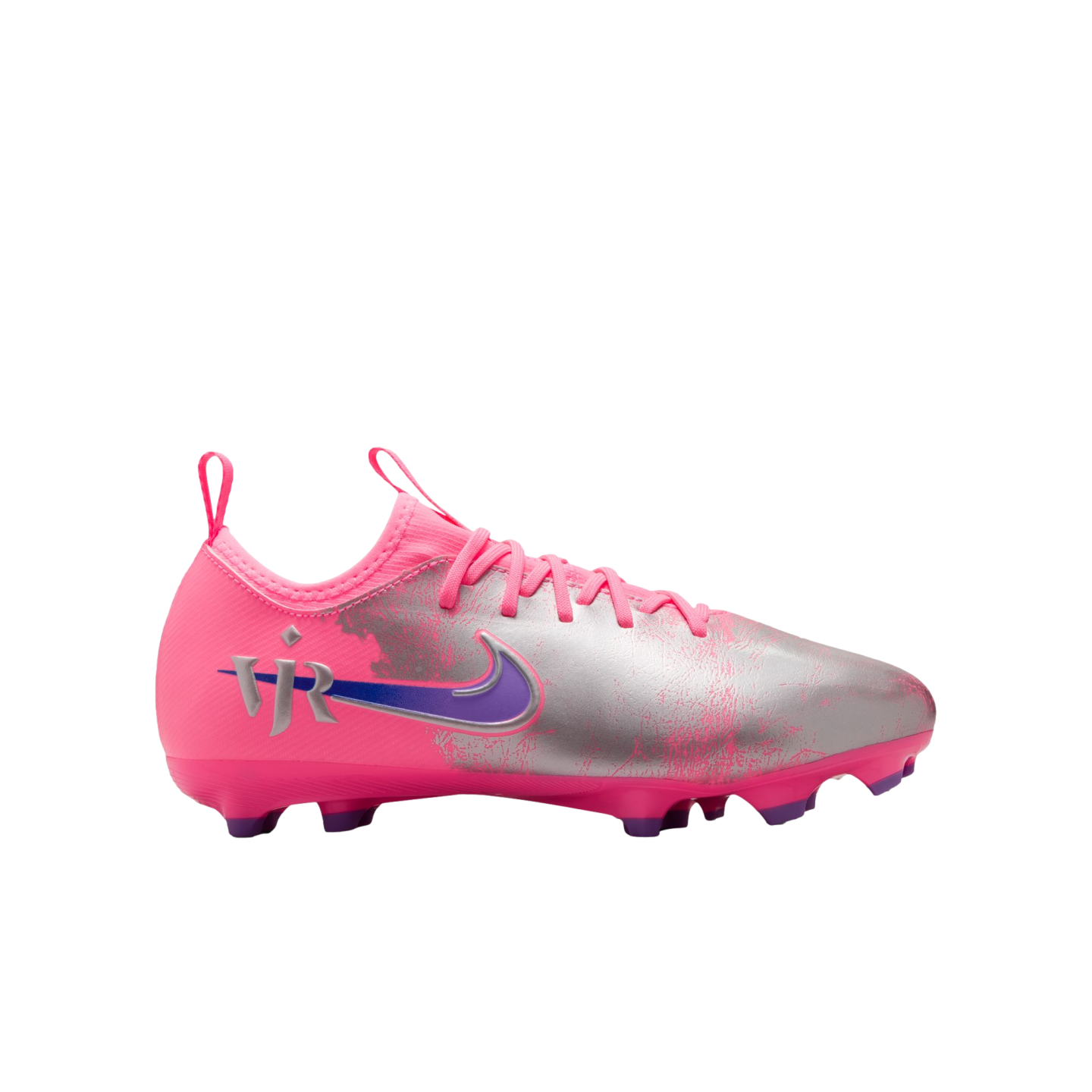 Pink and silver Nike soccer cleat with a purple swoosh, "VJR" logo, and a distressed metallic finish.