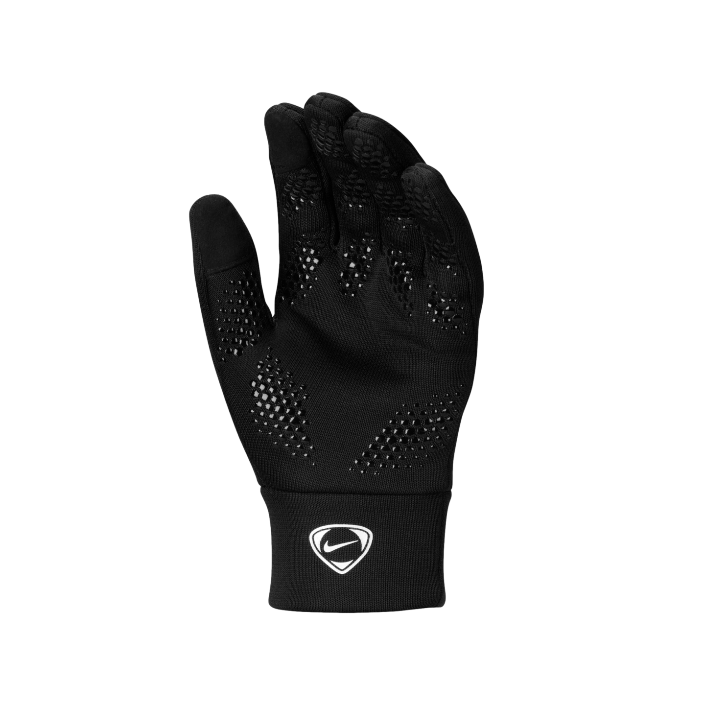 A black Nike glove with a textured grip pattern on the palm and a white Nike logo on the wristband against a black background.