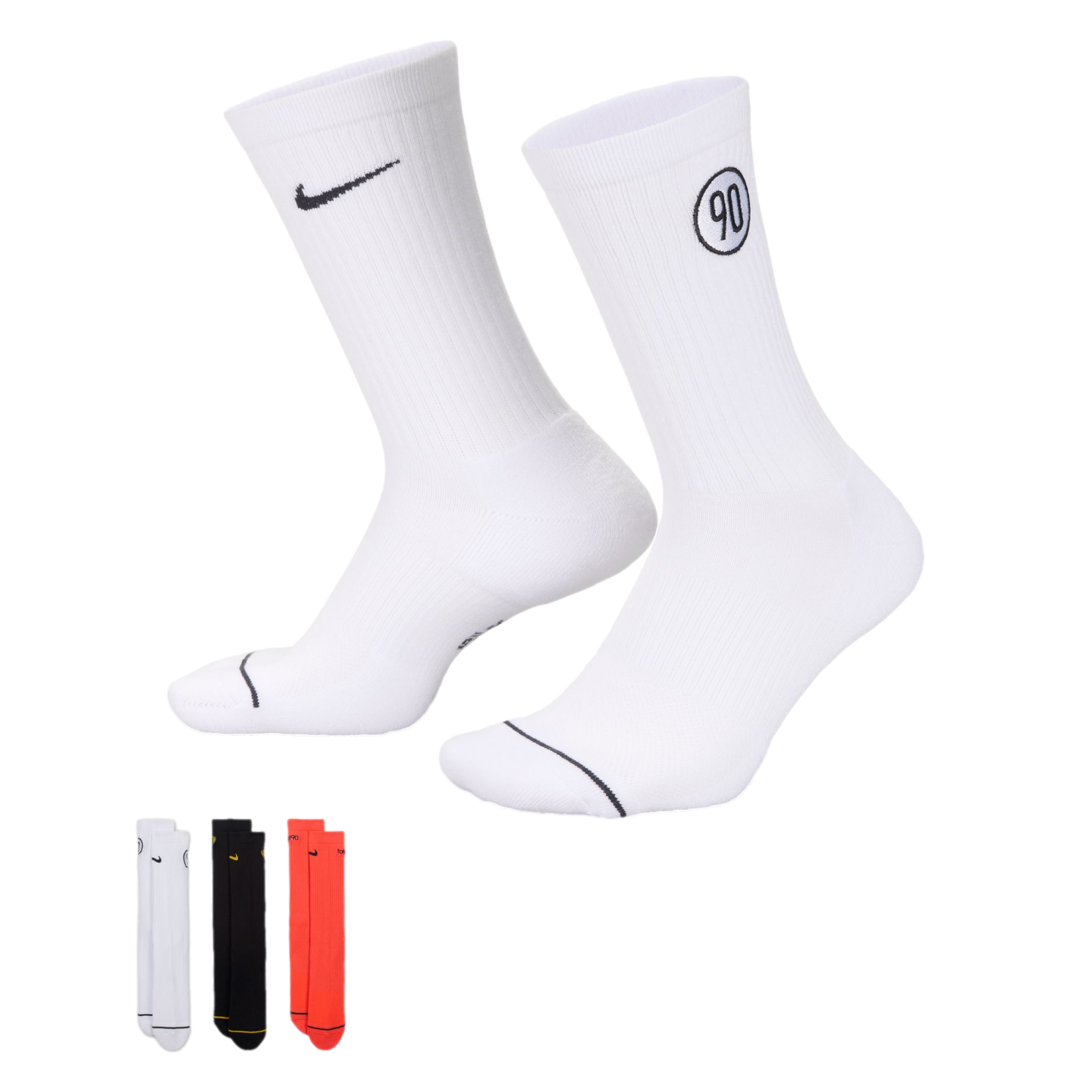 White Nike crew socks featuring a swoosh and "90" logo. A small inset shows additional color options: white, black, and orange.