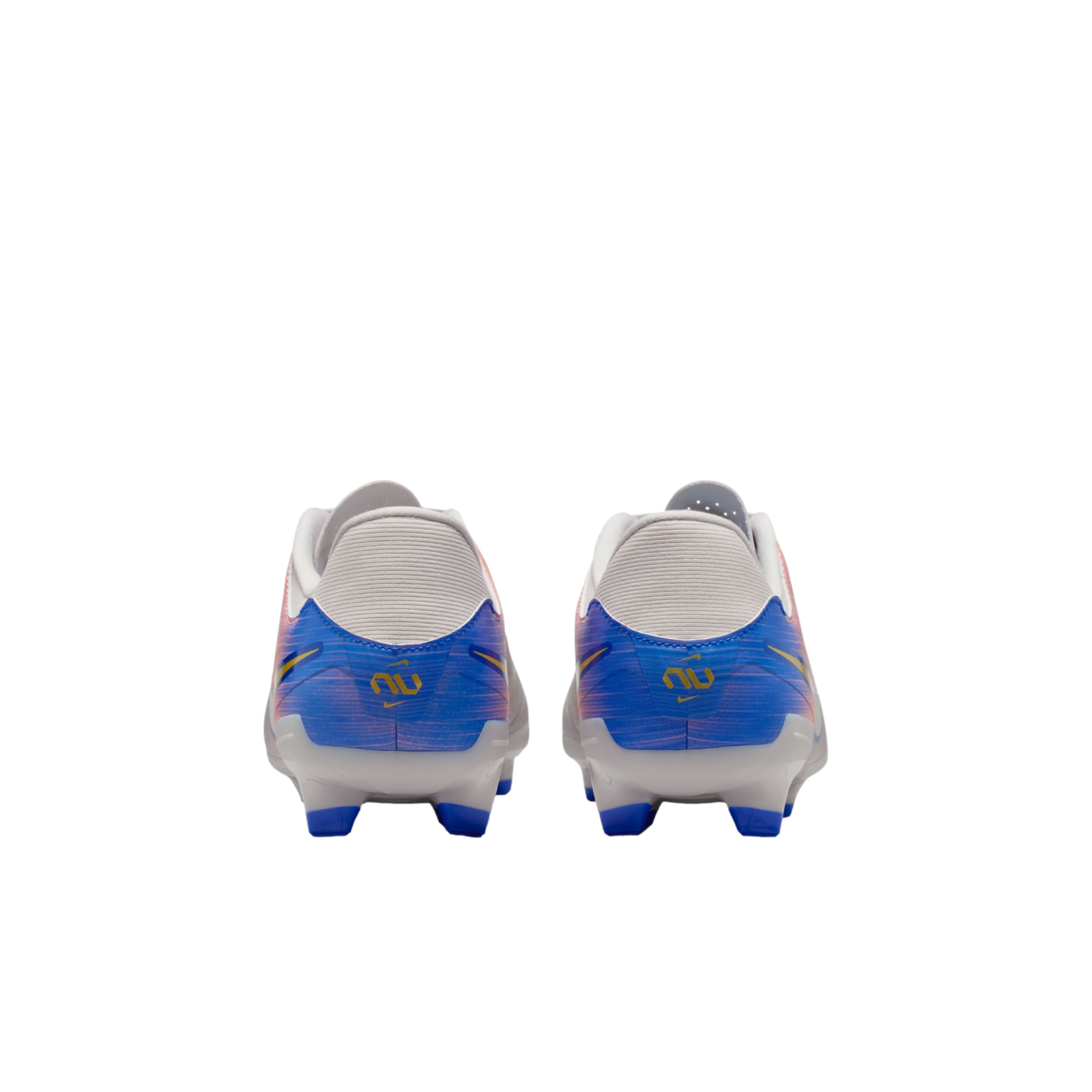 Rear view of white soccer cleats with blue and orange graphics on the heels and gold logos, shown against a black background.