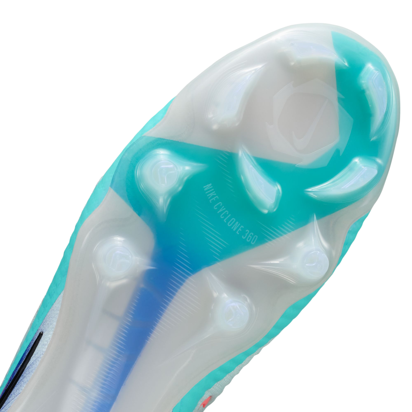 Translucent white and teal Nike soccer cleat outsole featuring a specialized stud pattern and "NIKE CYCLONE 360" branding.