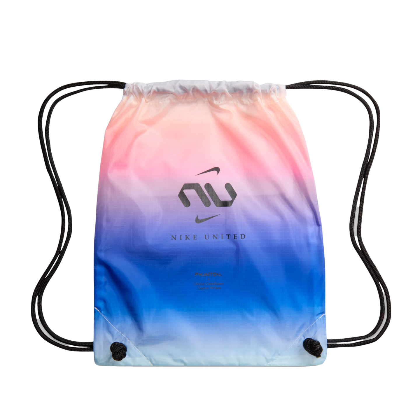 A Nike United drawstring bag with a pink, purple, and blue gradient. It features a black 'NU' logo and black cord straps.