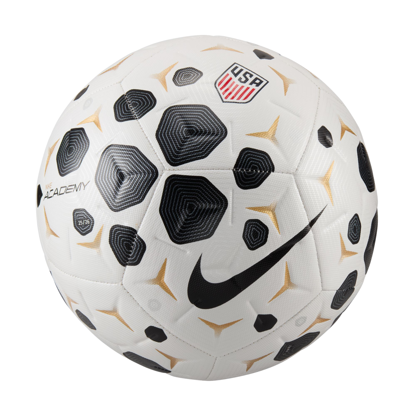 White Nike Academy soccer ball with black hexagonal patterns, gold accents, a black swoosh, and the USA crest, centered against a black background.