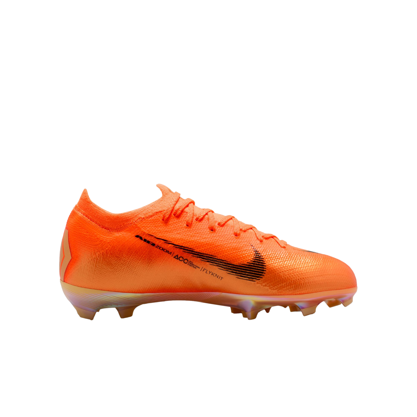Side view of a bright orange Nike Air Zoom Mercurial soccer cleat with black accents and an iridescent soleplate, set against a solid black background.