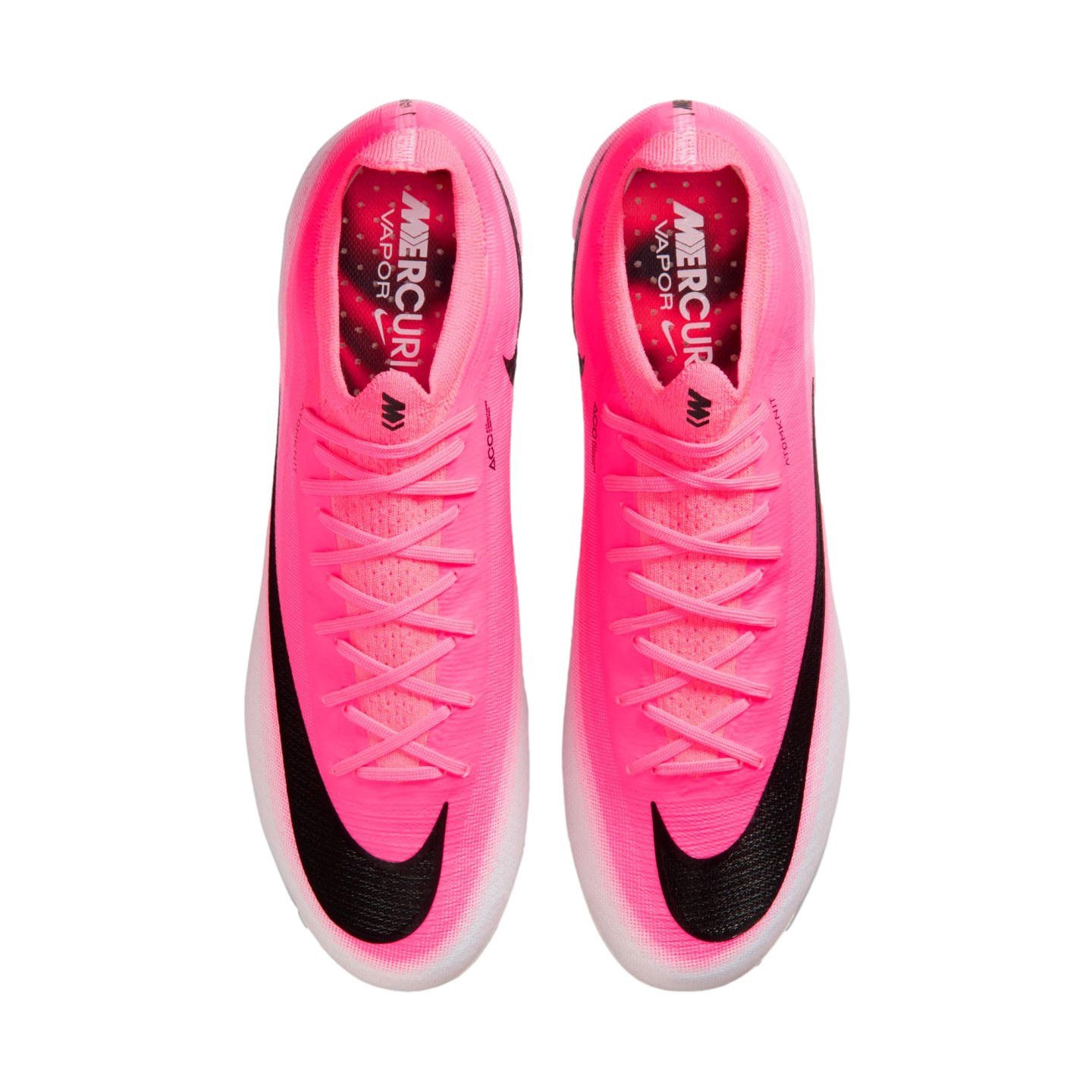 Top-down view of bright pink Nike Mercurial Vapor soccer cleats with black Nike swooshes and pink laces on a white background.