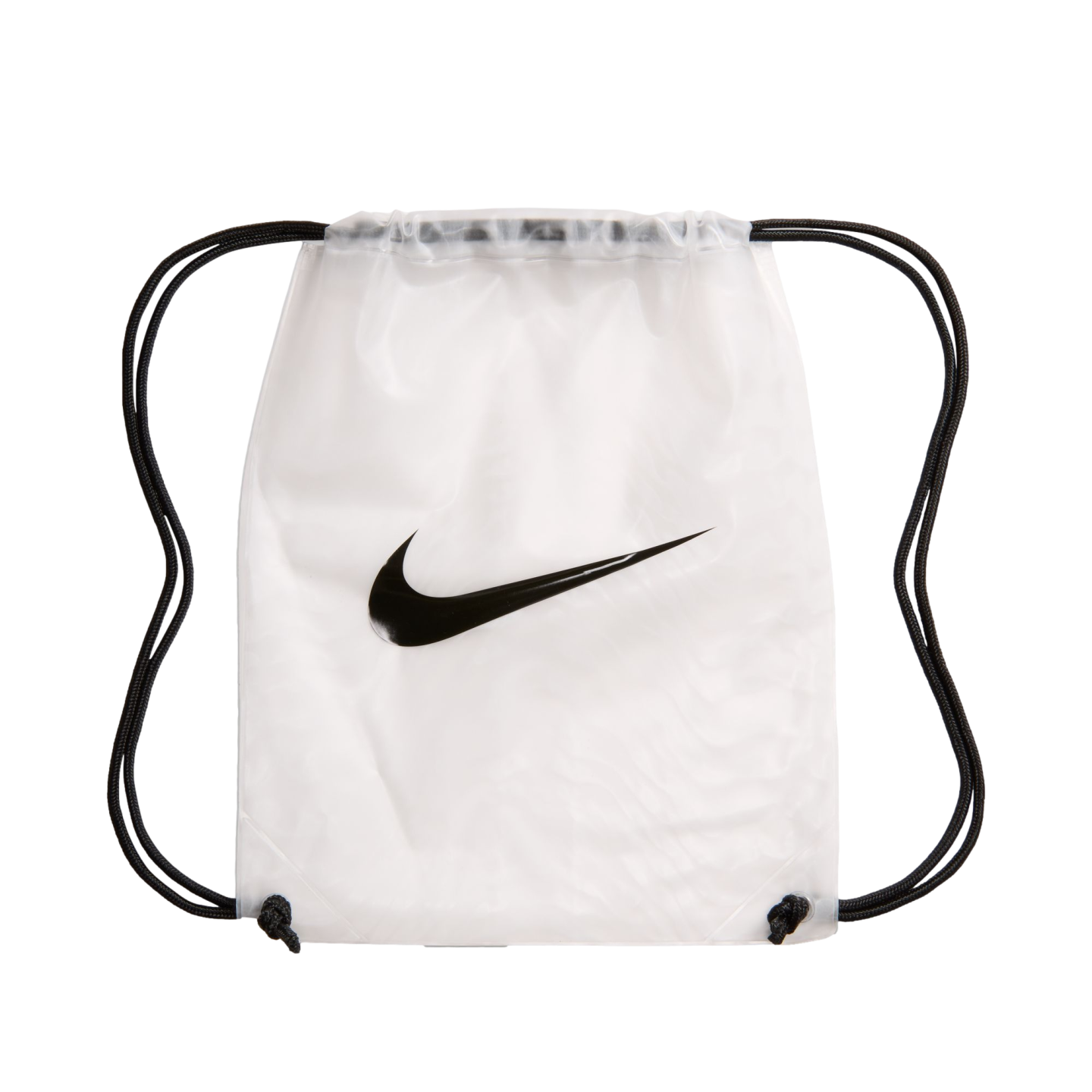 A white translucent Nike drawstring bag featuring a large black swoosh logo in the center and black rope straps.