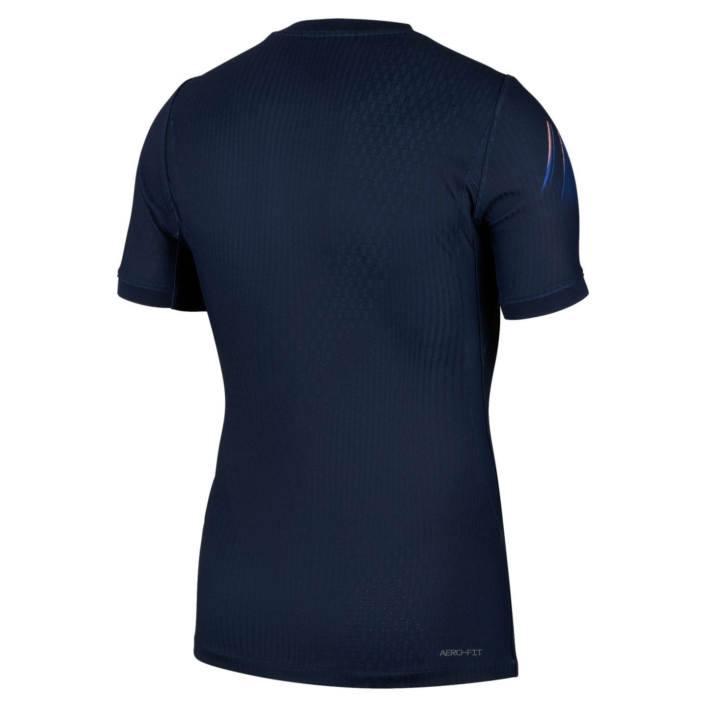 Back view of a navy blue short-sleeved athletic shirt with ribbed texture, a colorful graphic on the right sleeve, and "AERO-FIT" text on the bottom right.