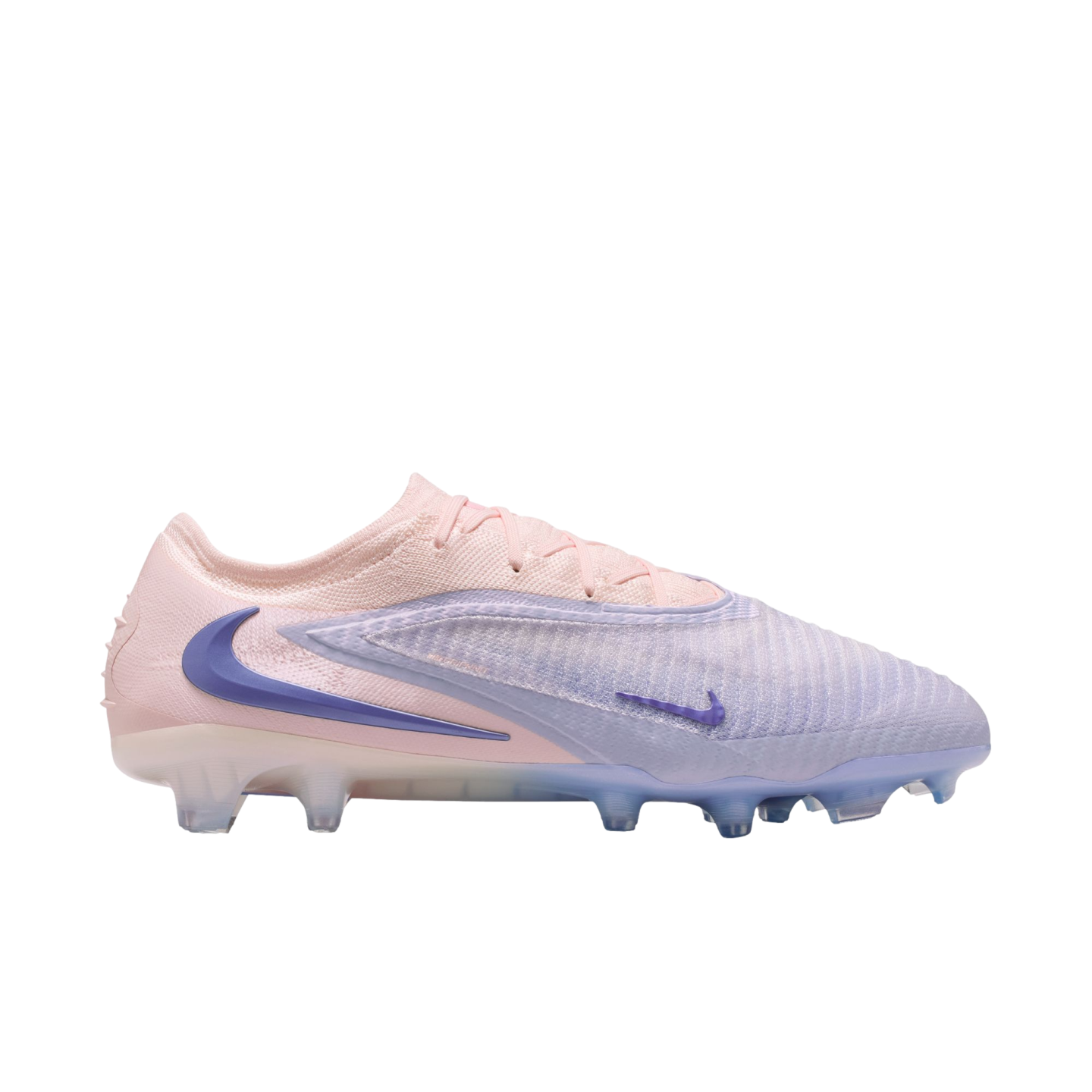 Side profile of a Nike Phantom GX soccer cleat in light pink and lavender with dark blue swooshes, displayed against a black background.