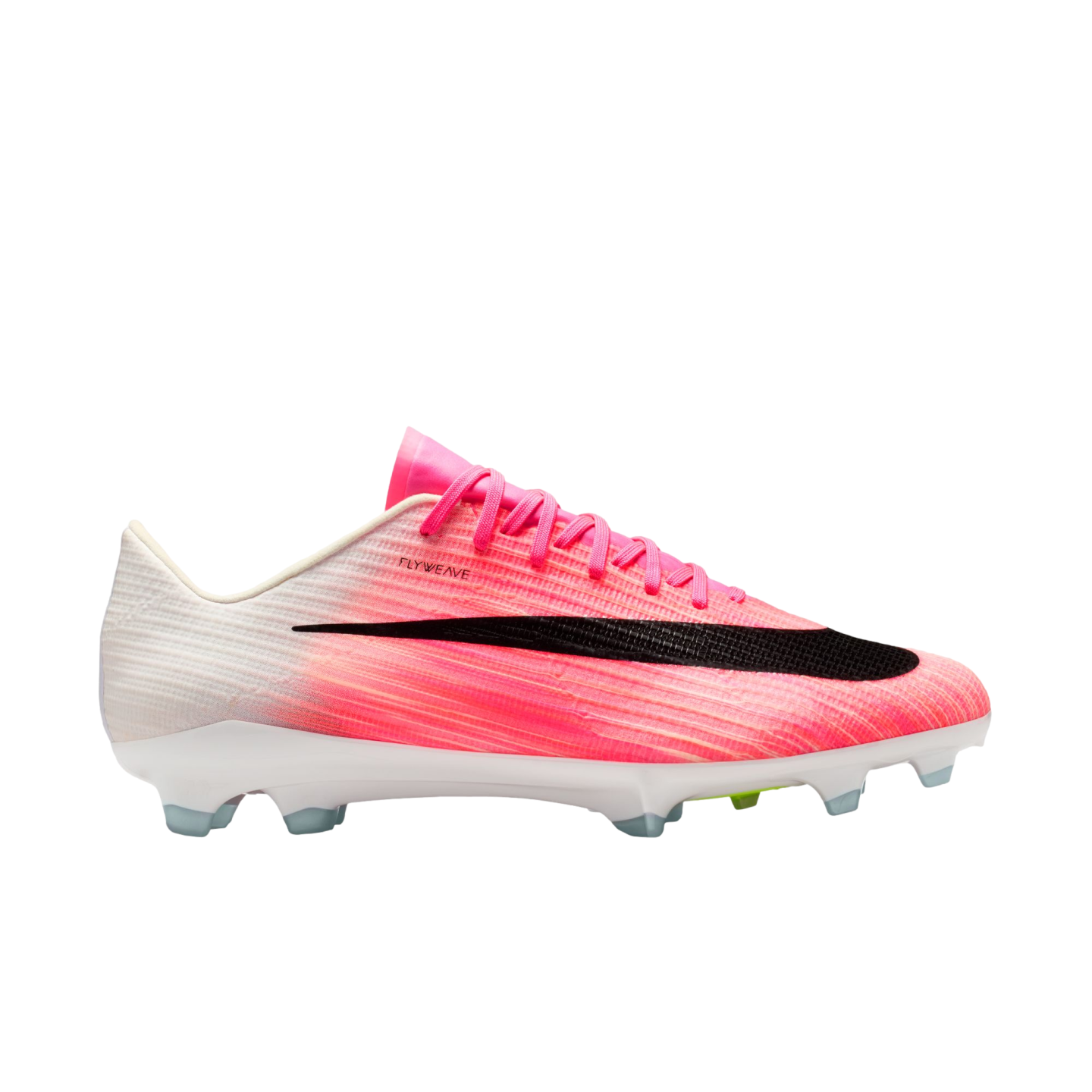 Profile view of a pink and white Nike Flyweave soccer cleat featuring a large black swoosh and clear-tipped studs on a white background.