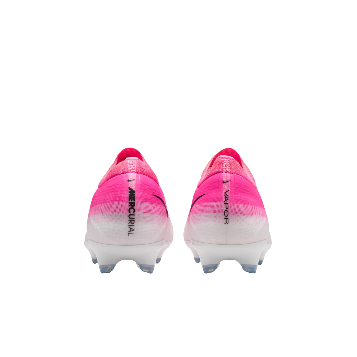 Rear view of pink and white gradient Nike Mercurial Vapor soccer cleats with "MERCURIAL" and "VAPOR" branding on the heels.