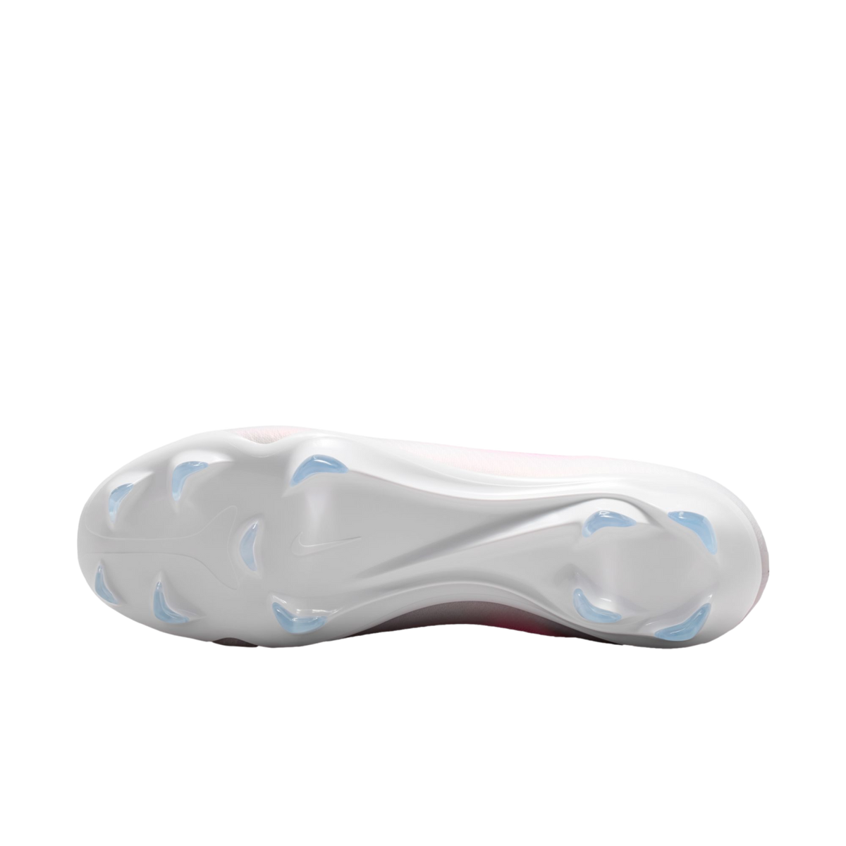 Underside view of a white soccer cleat featuring a white soleplate with light blue molded studs and a Nike swoosh logo in the center.