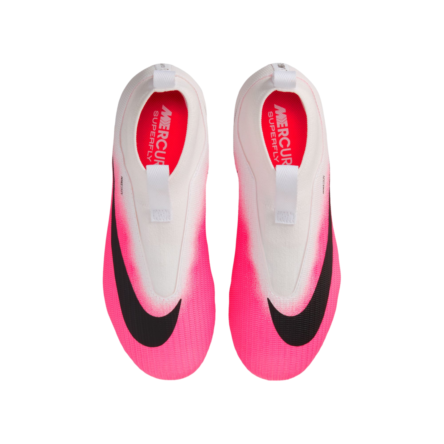 Top-down view of white and neon pink Nike Mercurial Superfly soccer cleats with large black swooshes and red insoles.