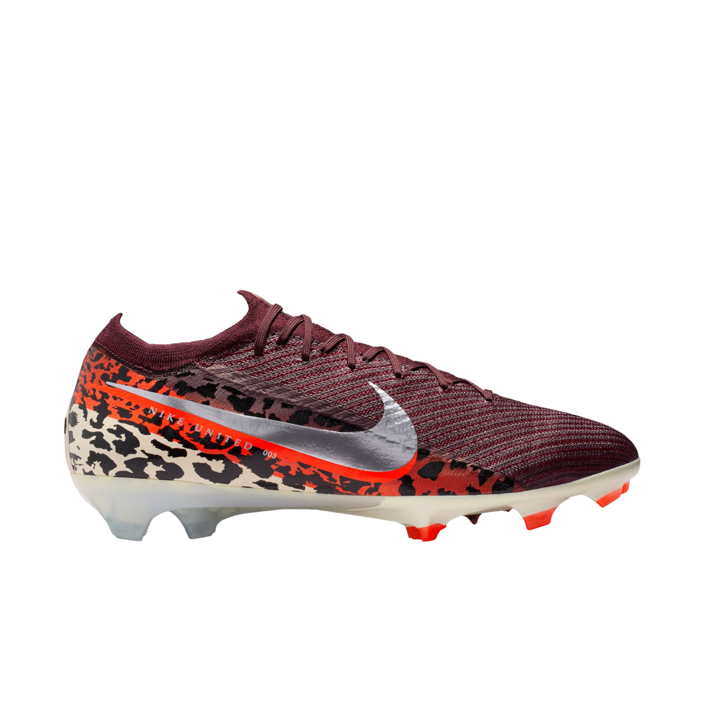 A profile view of a Nike soccer cleat with a burgundy textured upper, a metallic silver swoosh, and a black-and-cream leopard print pattern around the base and heel. A bright orange-red gradient stripe features the text "NIKE UNITED 003". The cleat sits o