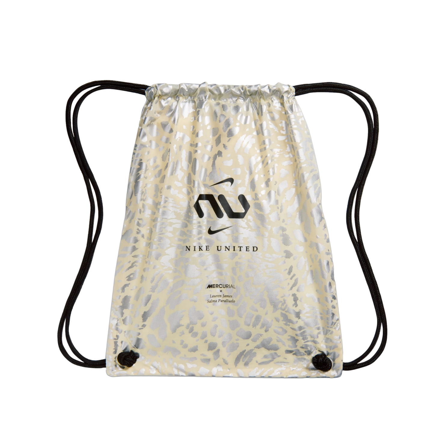 A cream-colored drawstring bag featuring a metallic silver animal print pattern. A black Nike United "NU" logo and two small Nike swooshes are printed in the center. Small text at the bottom reads "MERCURIAL x Lauren James Salma Paralluelo." The bag has b