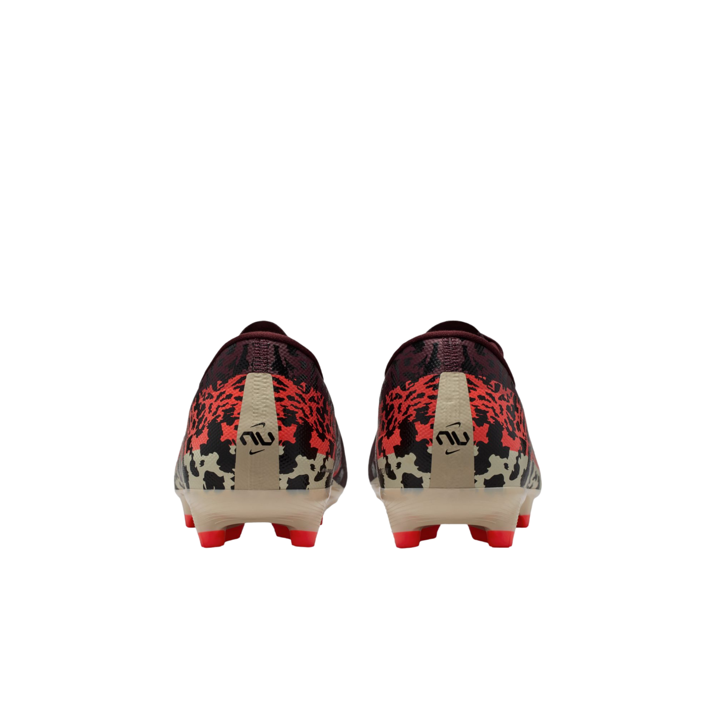 Rear view of a pair of Nike soccer cleats featuring a pixelated camouflage pattern in red, black, and maroon, with tan heel strips and bright red studs against a black background.