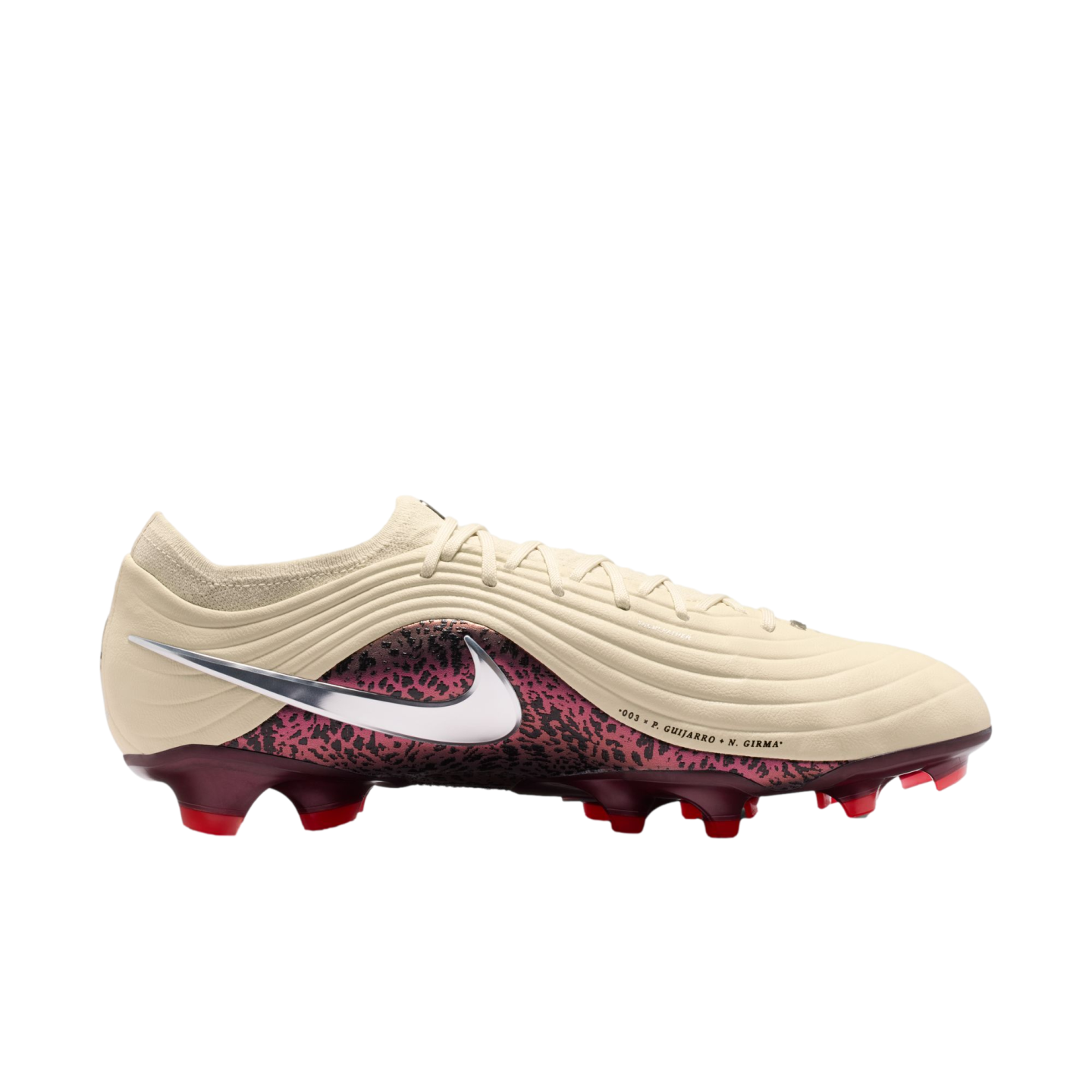 A profile view of a Nike soccer cleat against a solid black background. The upper part of the boot is a textured, off-white cream color with wavy lines. A large metallic silver swoosh is prominently displayed on the side, overlapping a burgundy section wi