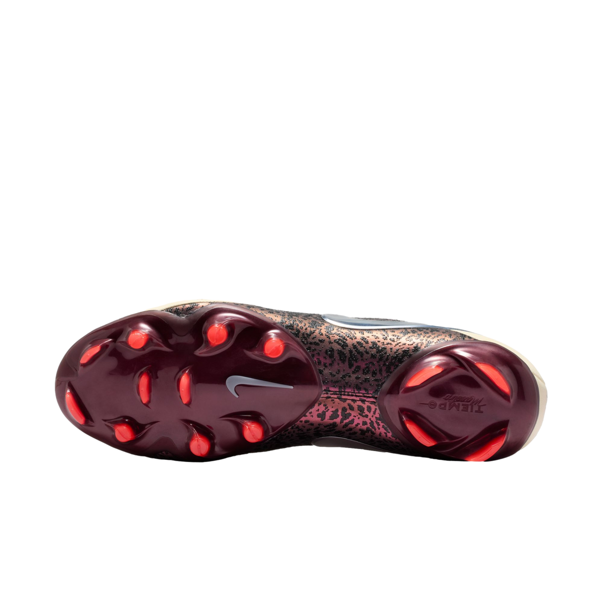 Soleplate view of a Nike Tiempo soccer cleat featuring a dark burgundy base with bright orange studs and a metallic bronze leopard-print pattern on the upper, set against a solid black background.