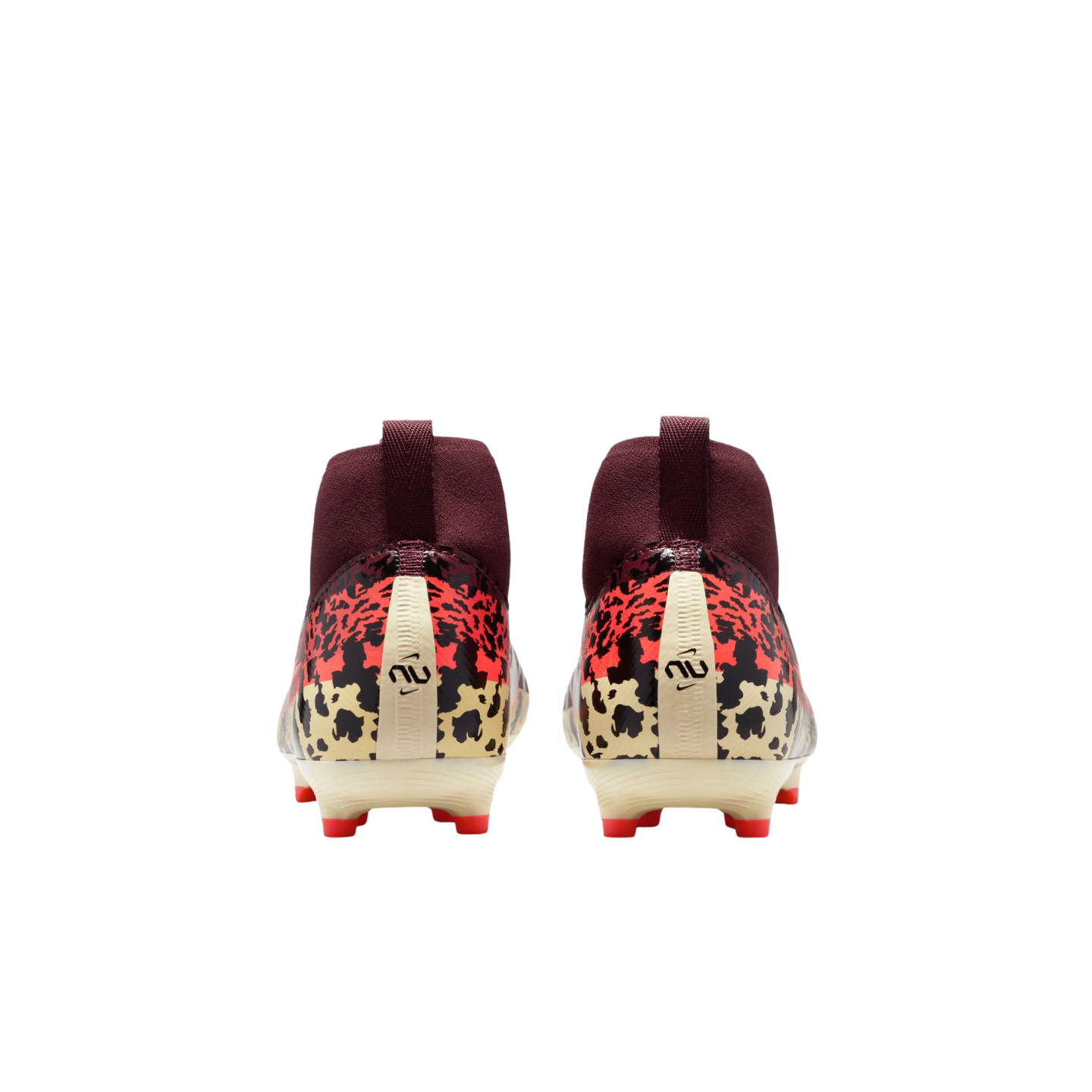 A rear view of a pair of high-top Nike soccer cleats against a black background. The cleats feature a vibrant leopard print in tan, black, and orange across the heel, topped with a deep maroon sock-like ankle collar. A cream-colored vertical strip on each