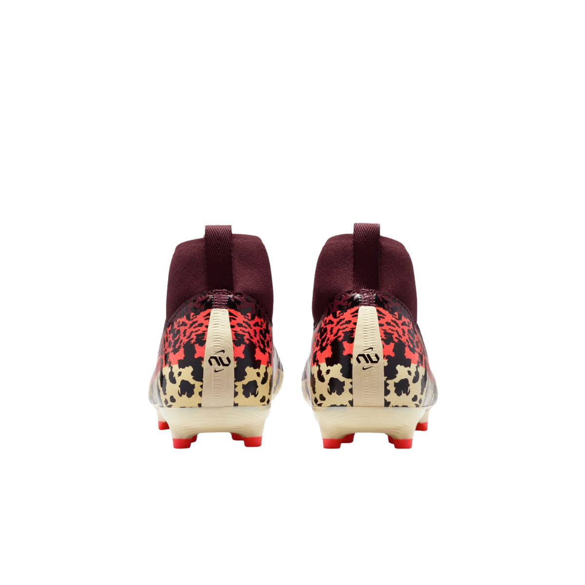 A rear view of a pair of high-top Nike soccer cleats against a black background. The cleats feature a vibrant leopard print in tan, black, and orange across the heel, topped with a deep maroon sock-like ankle collar. A cream-colored vertical strip on each