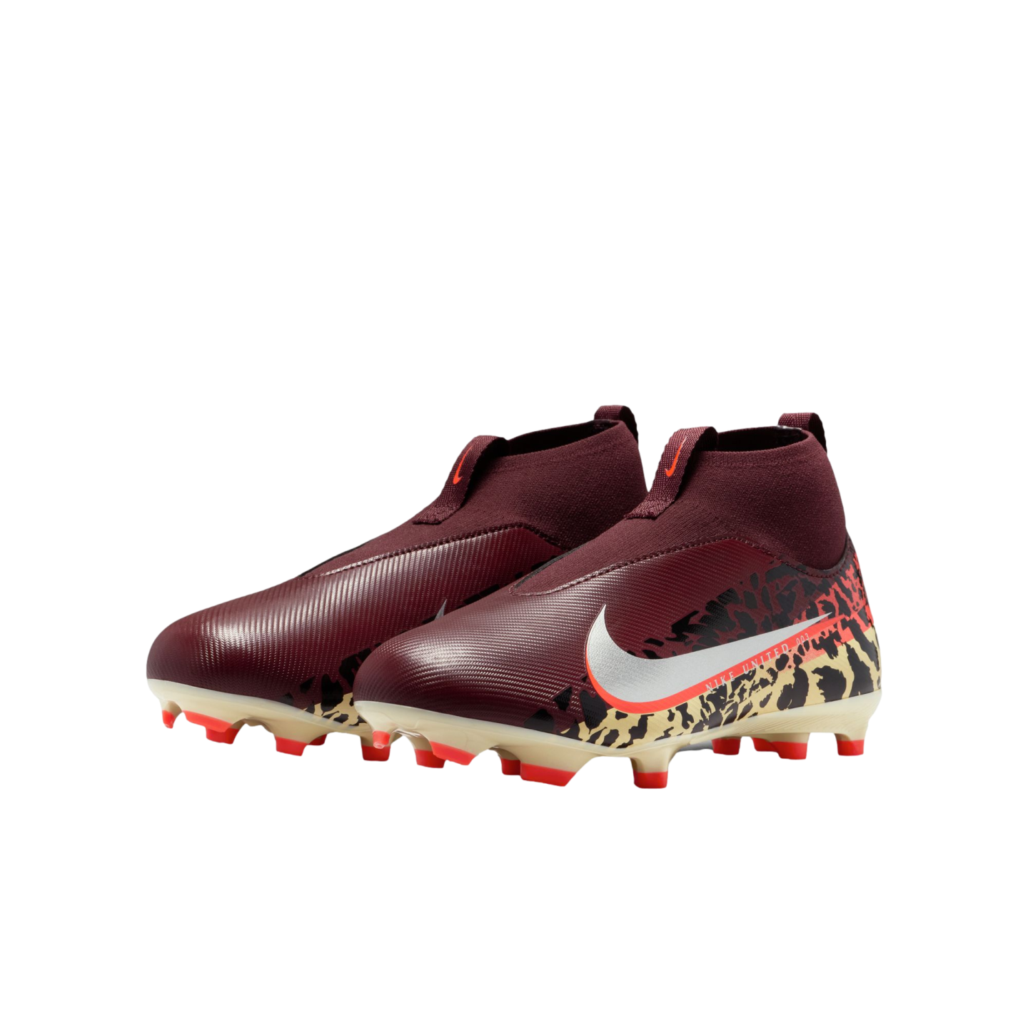 A pair of maroon Nike high-top, laceless soccer cleats with a white swoosh and a leopard-print pattern on the heel, displayed against a solid black background.