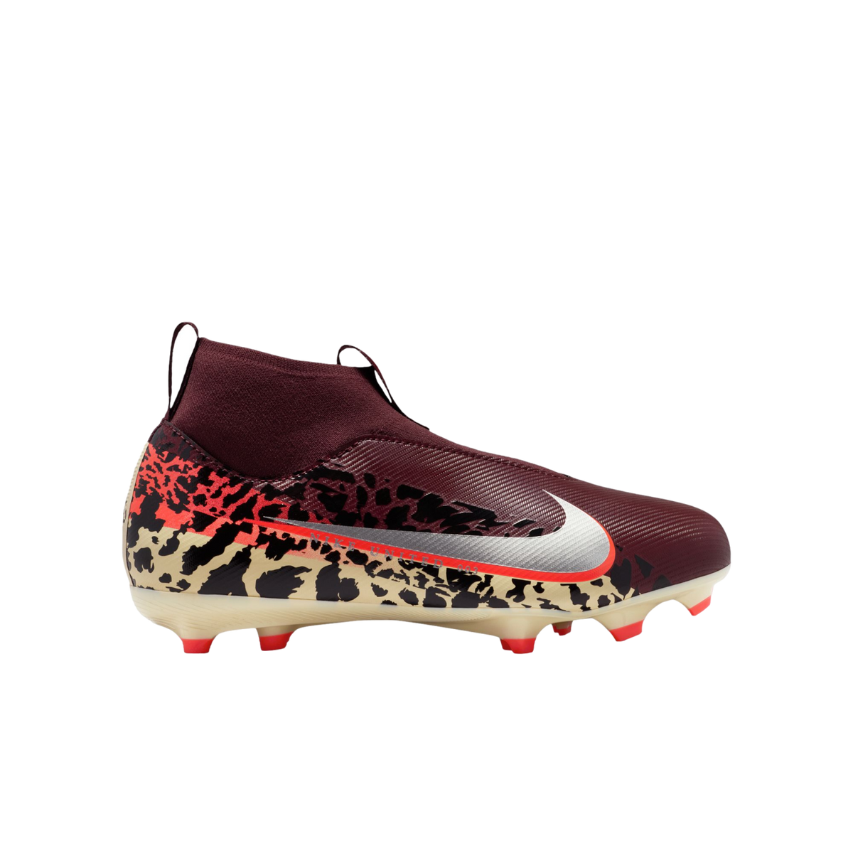 A side-profile image of a maroon Nike high-top soccer cleat featuring a silver swoosh and a beige and black leopard-print pattern on the lower half. The cleat is set against a solid black background.