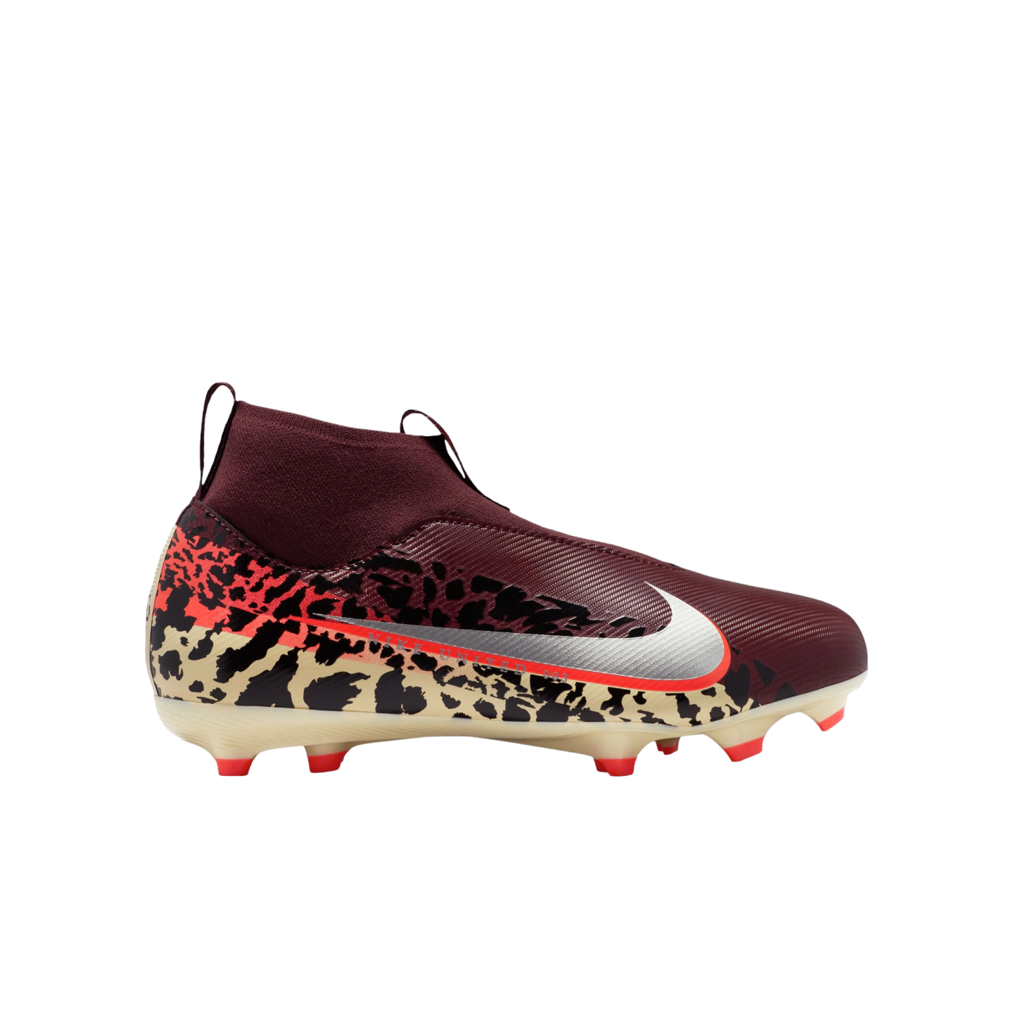 A side-profile image of a maroon Nike high-top soccer cleat featuring a silver swoosh and a beige and black leopard-print pattern on the lower half. The cleat is set against a solid black background.