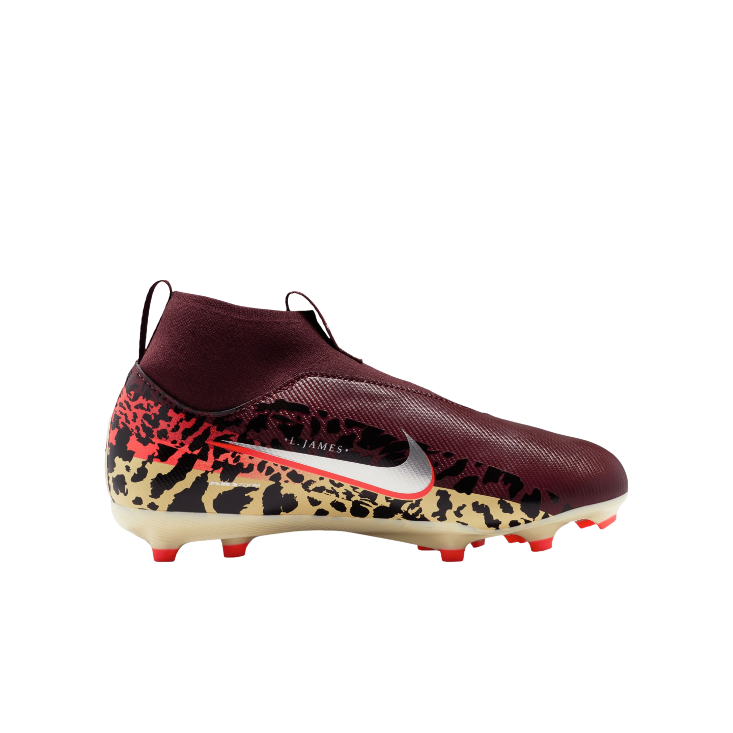 A side-profile view of a Nike LeBron James collaboration football cleat featuring a maroon high-top upper, a silver Nike swoosh, and a leopard-print base on a black background.