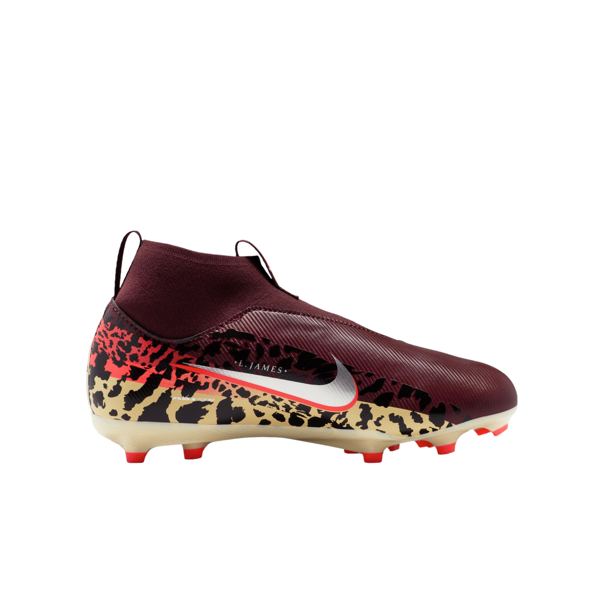 A side-profile view of a Nike LeBron James collaboration football cleat featuring a maroon high-top upper, a silver Nike swoosh, and a leopard-print base on a black background.