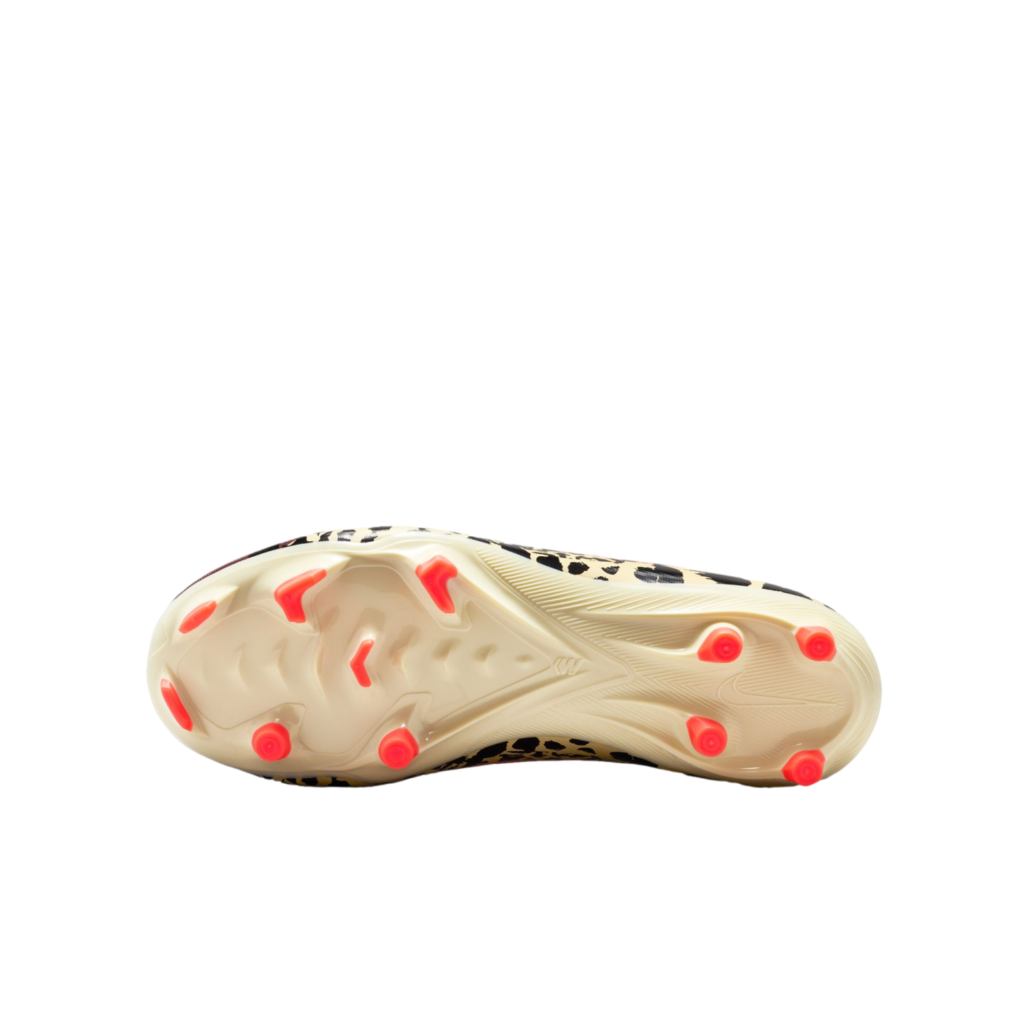A bottom-up view of a soccer cleat with an off-white outsole and bright orange studs. The shoe's upper, visible around the edges, features a leopard print pattern.