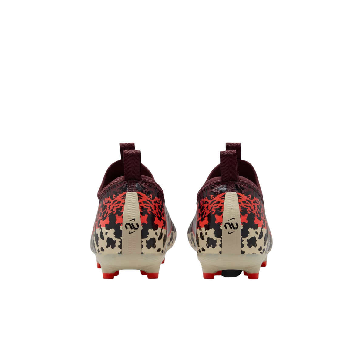 A rear view of a pair of soccer cleats featuring a bold leopard-print pattern in red, black, and cream. The cleats have maroon heel collars with pull tabs and bright red studs on the sole, set against a solid black background.