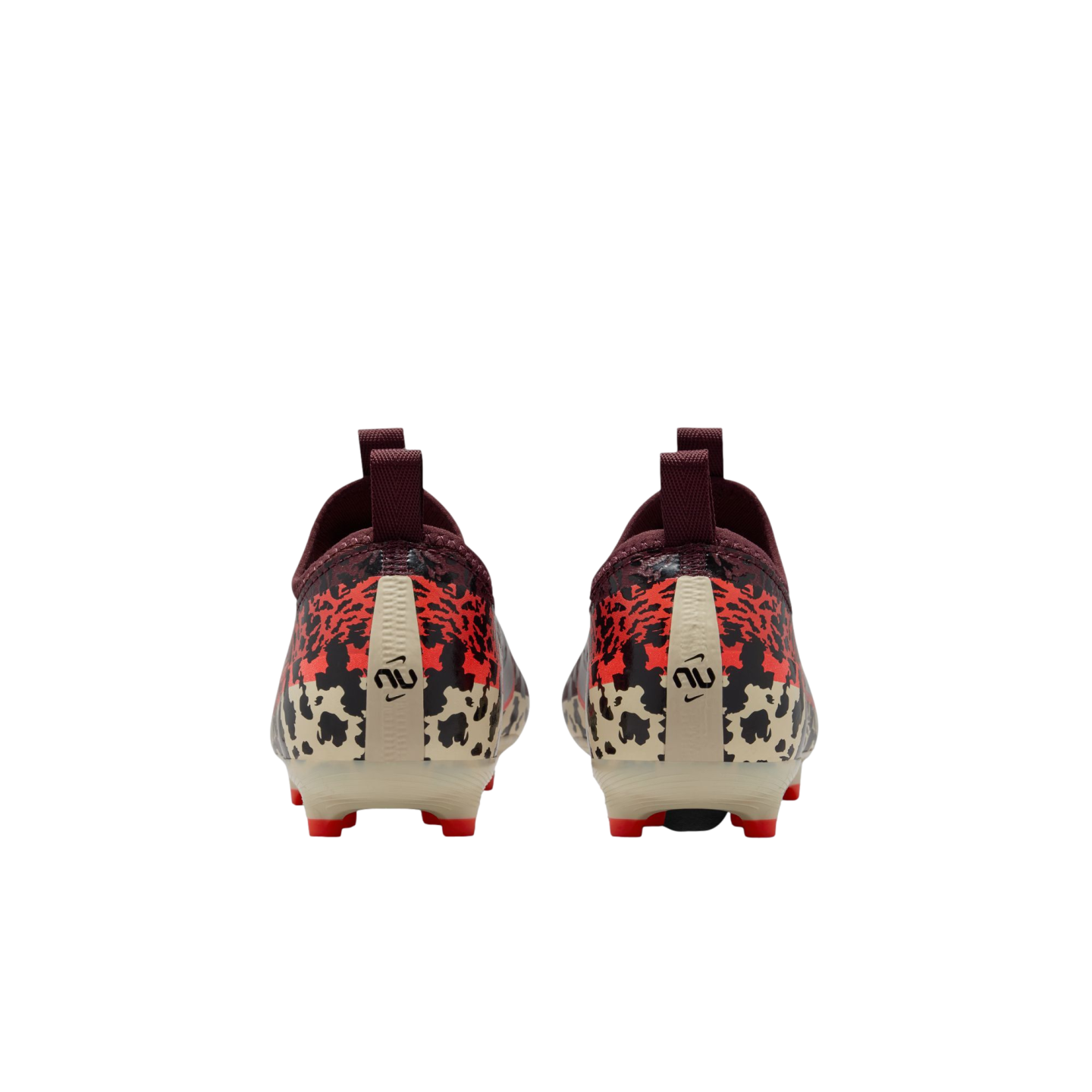A rear view of a pair of soccer cleats featuring a bold leopard-print pattern in red, black, and cream. The cleats have maroon heel collars with pull tabs and bright red studs on the sole, set against a solid black background.
