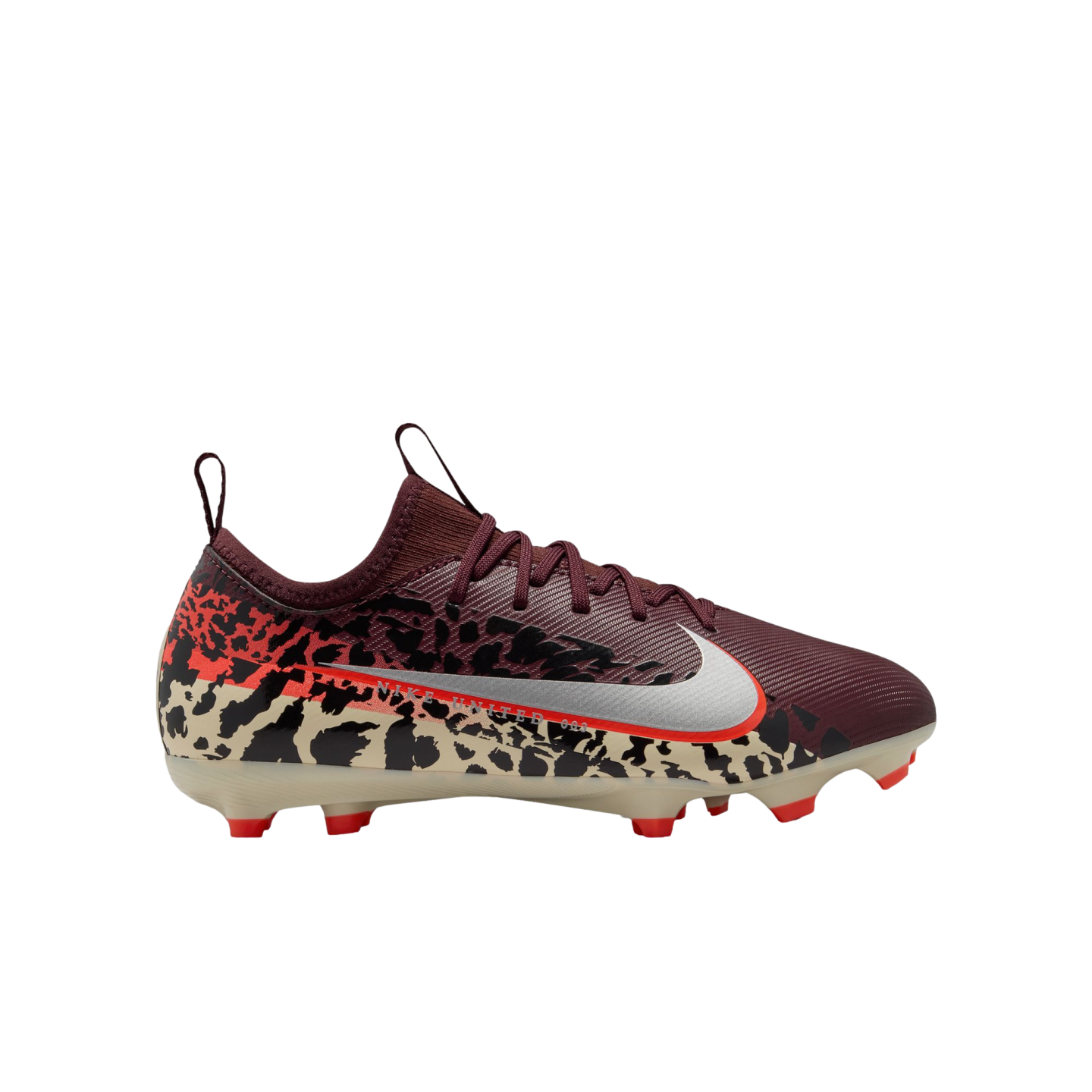 A side profile view of a Nike soccer cleat featuring a maroon upper, a silver metallic swoosh with a red outline, and a black and cream animal print pattern on the lower section, set against a solid black background.