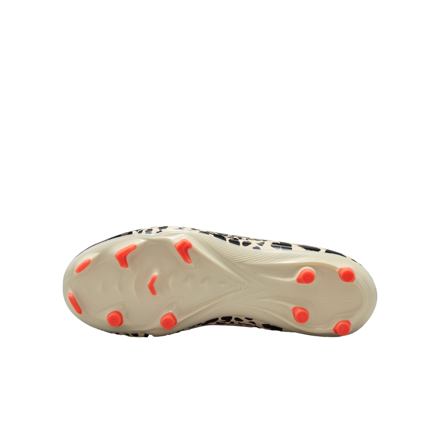 A bottom view of an off-white soccer cleat with bright orange studs and a black-and-white leopard print upper, centered against a solid black background.