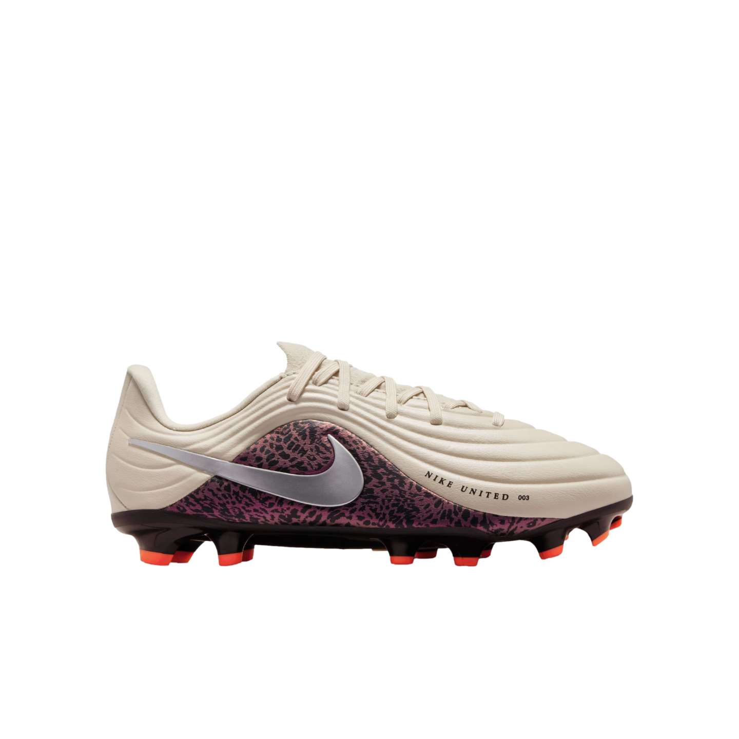 Profile view of a cream-colored Nike soccer cleat against a solid black background. The shoe features a purple leopard-print side panel, a metallic silver swoosh, and bright orange studs. The text "NIKE UNITED 003" is printed near the toe.