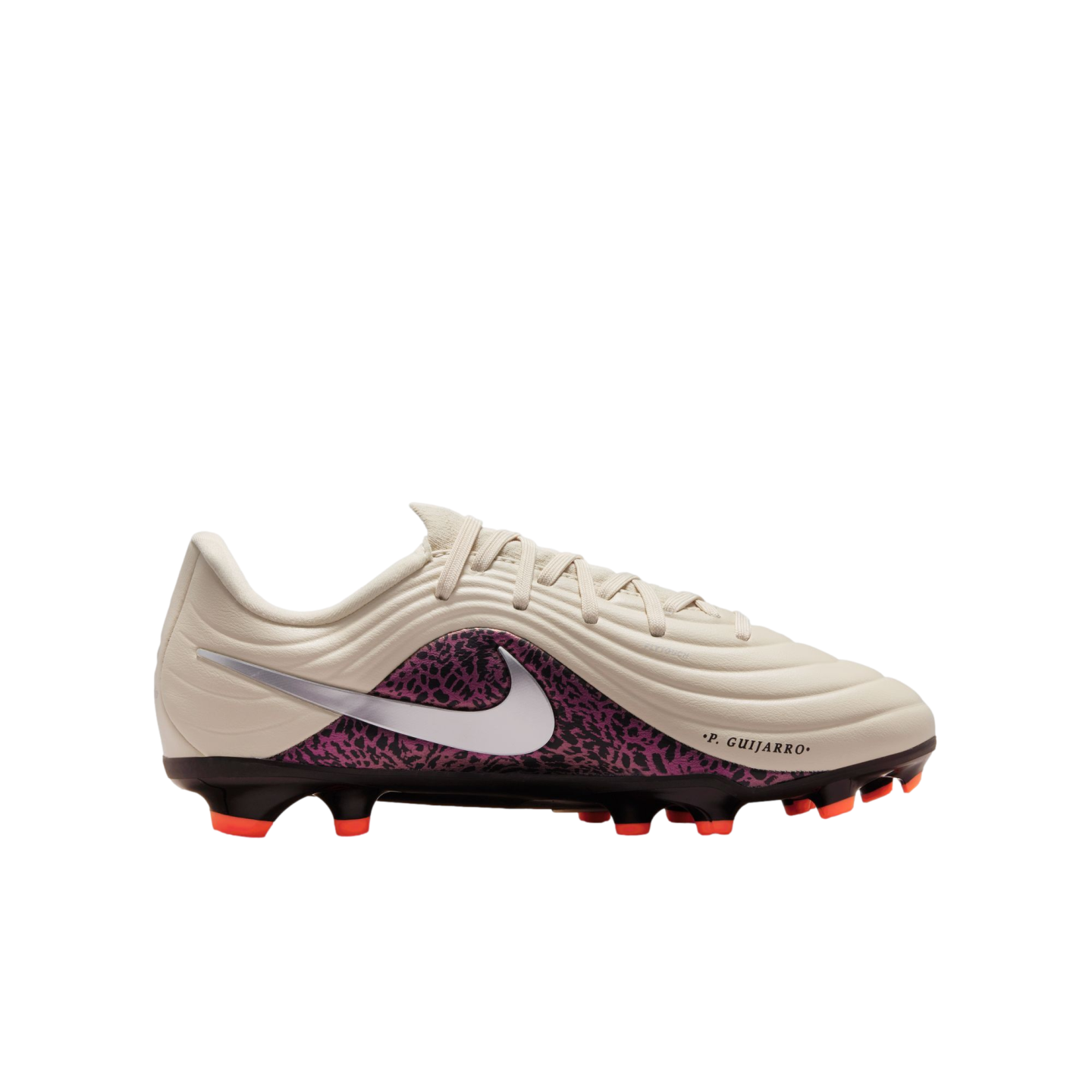 A profile view of a Nike soccer cleat against a black background. The shoe features an off-white textured upper with wave-like ridges, a silver Nike swoosh, and a purple and black patterned side panel. The name ".P. GUIJARRO." is printed near the toe, and