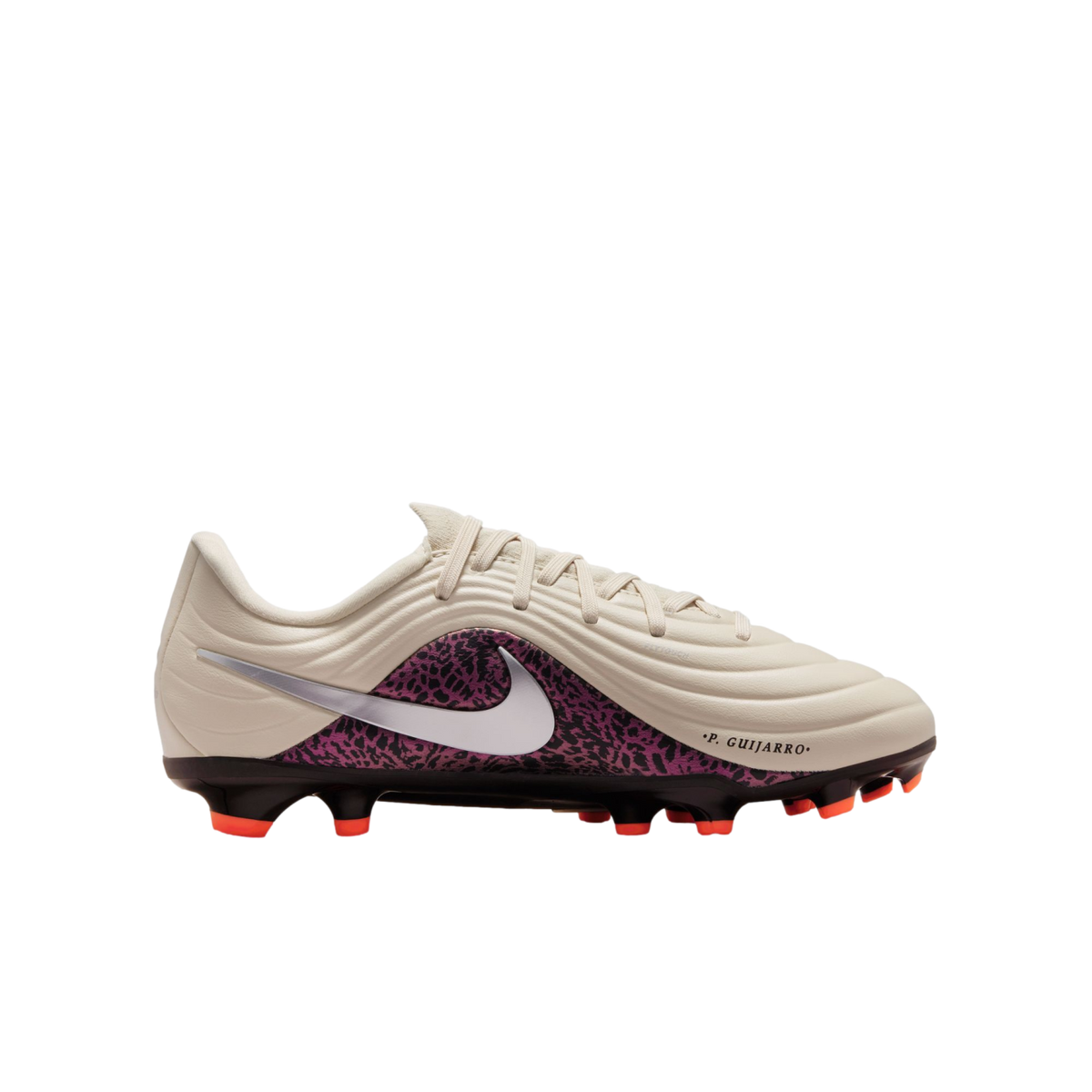 A profile view of a Nike soccer cleat against a black background. The shoe features an off-white textured upper with wave-like ridges, a silver Nike swoosh, and a purple and black patterned side panel. The name ".P. GUIJARRO." is printed near the toe, and