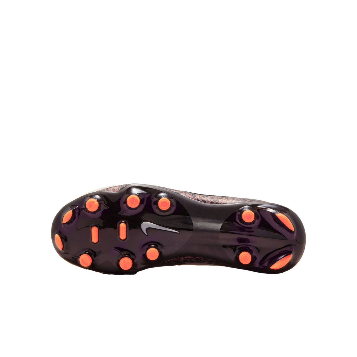 The glossy black outsole of a Nike soccer cleat featuring bright orange studs and a white Nike swoosh in the center. A leopard-print pattern is visible on the edges of the shoe's upper against a solid black background.